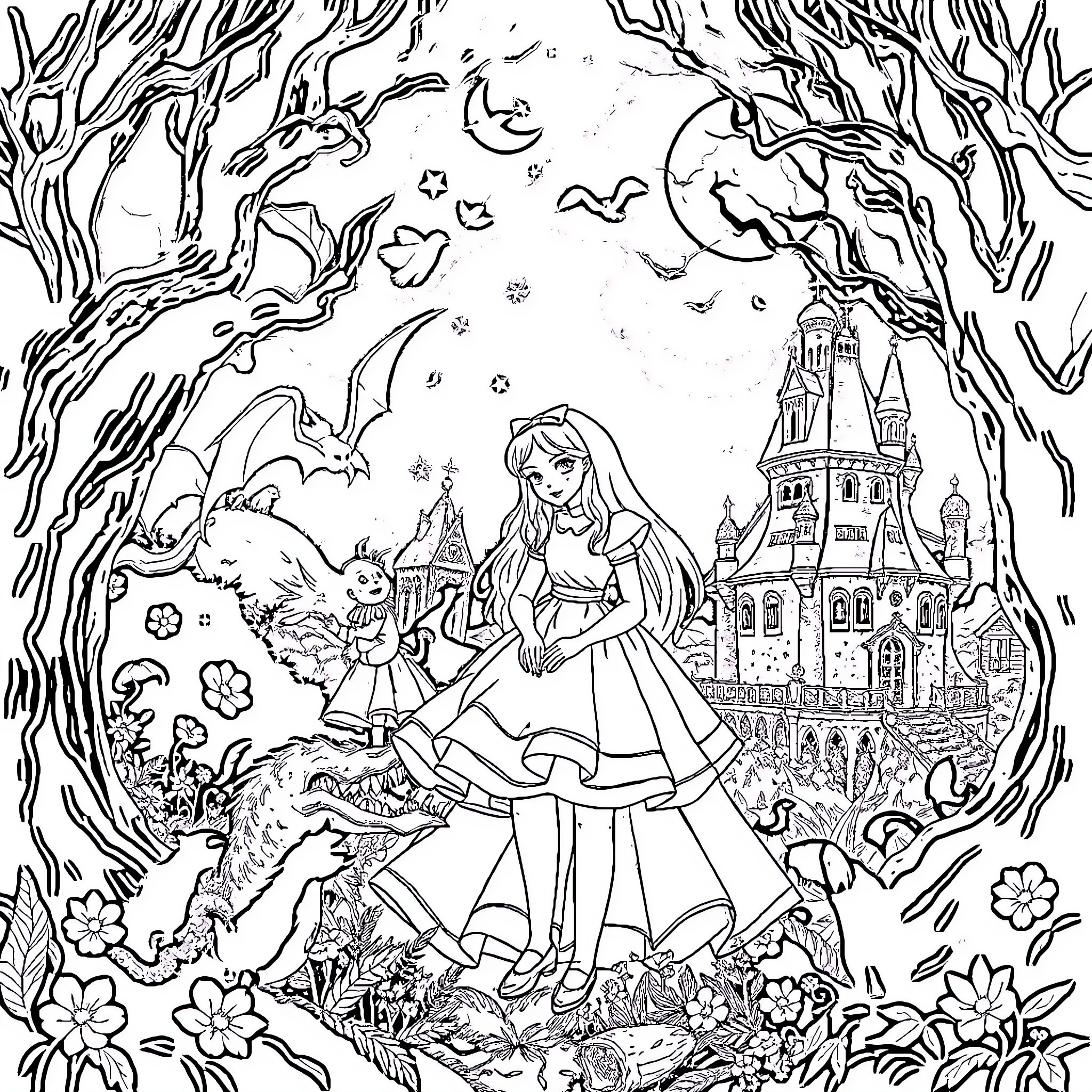 Alice in a Whimsical Wonderland Coloring Page (free black-and-white line drawing printable PDF for all, from beginners to advanced learners, including children, teens, adults, and seniors)