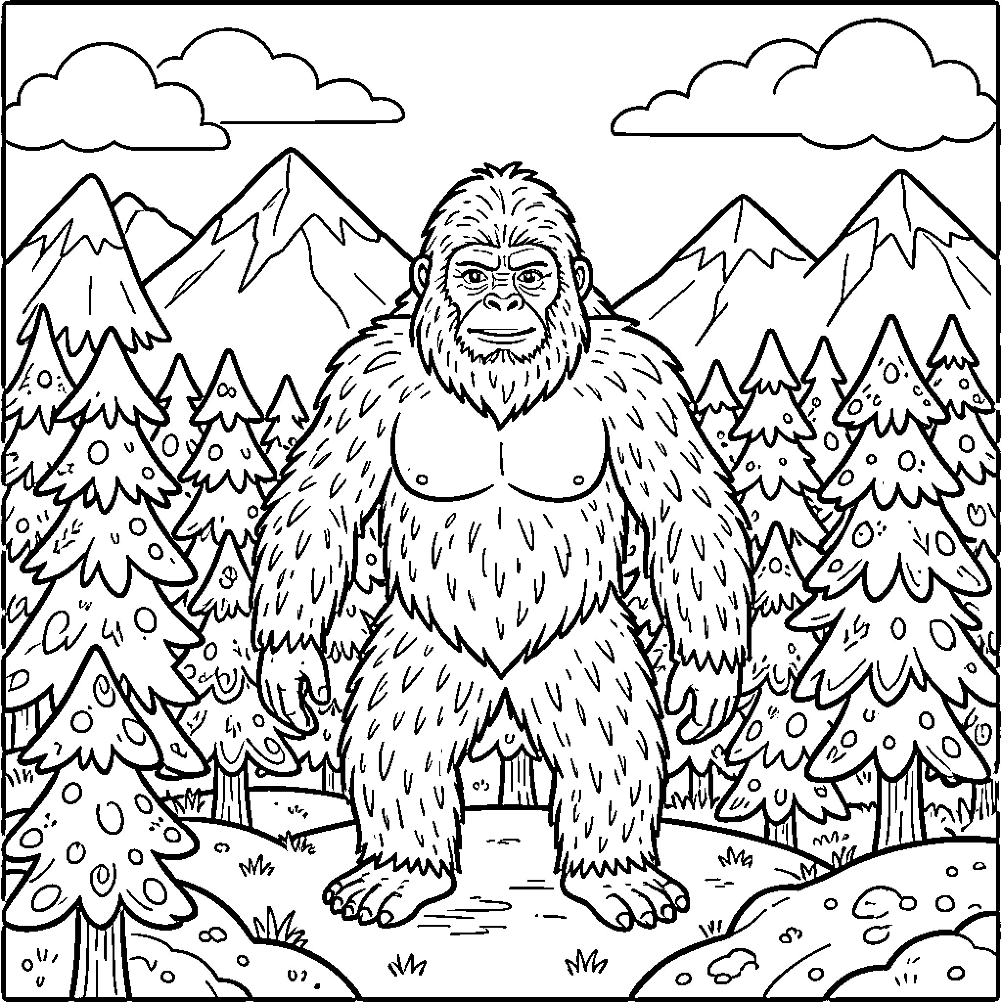 Sasquatch standing in a snowy forest Coloring Page (free black-and-white line drawing printable PDF for all, from beginners to advanced learners, including children, teens, adults, and seniors)