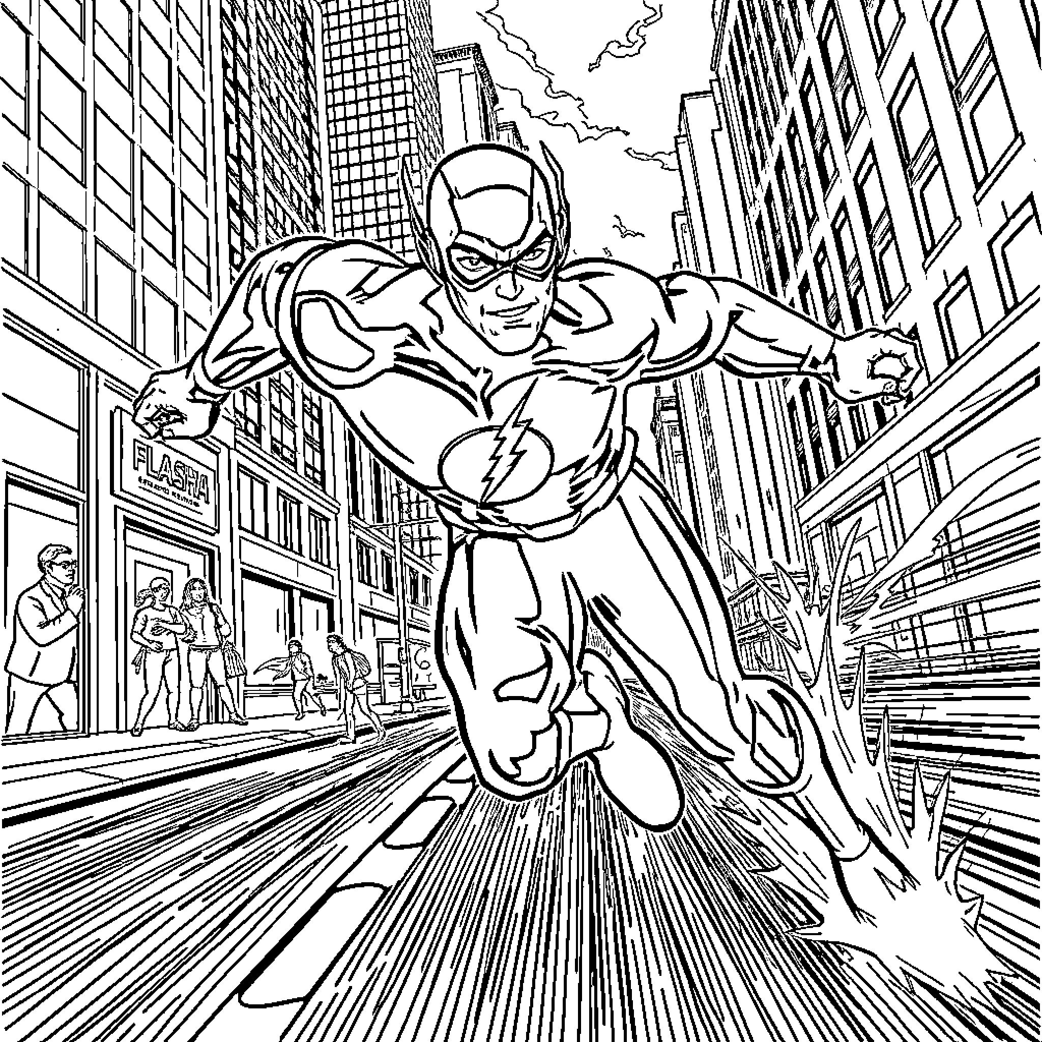 Flash Superhero Flying Through City Skyline Coloring Page (free black-and-white line drawing printable PDF for all, from beginners to advanced learners, including children, teens, adults, and seniors)