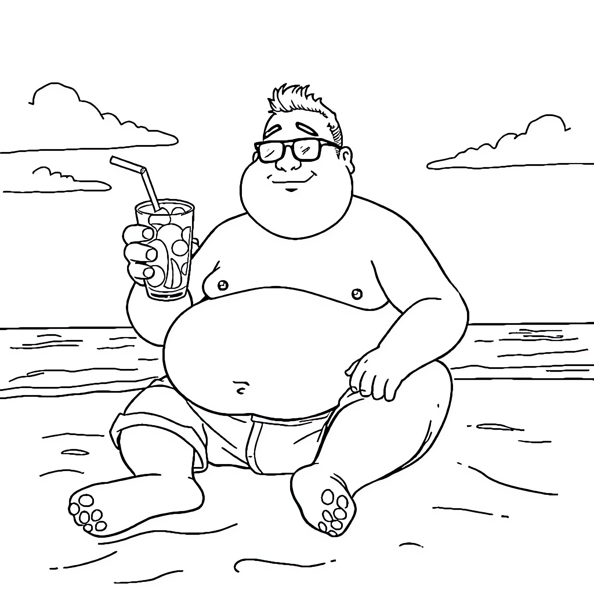 Man relaxing on the beach with a drink Coloring Page (free black-and-white line drawing printable PDF for all, from beginners to advanced learners, including children, teens, adults, and seniors)