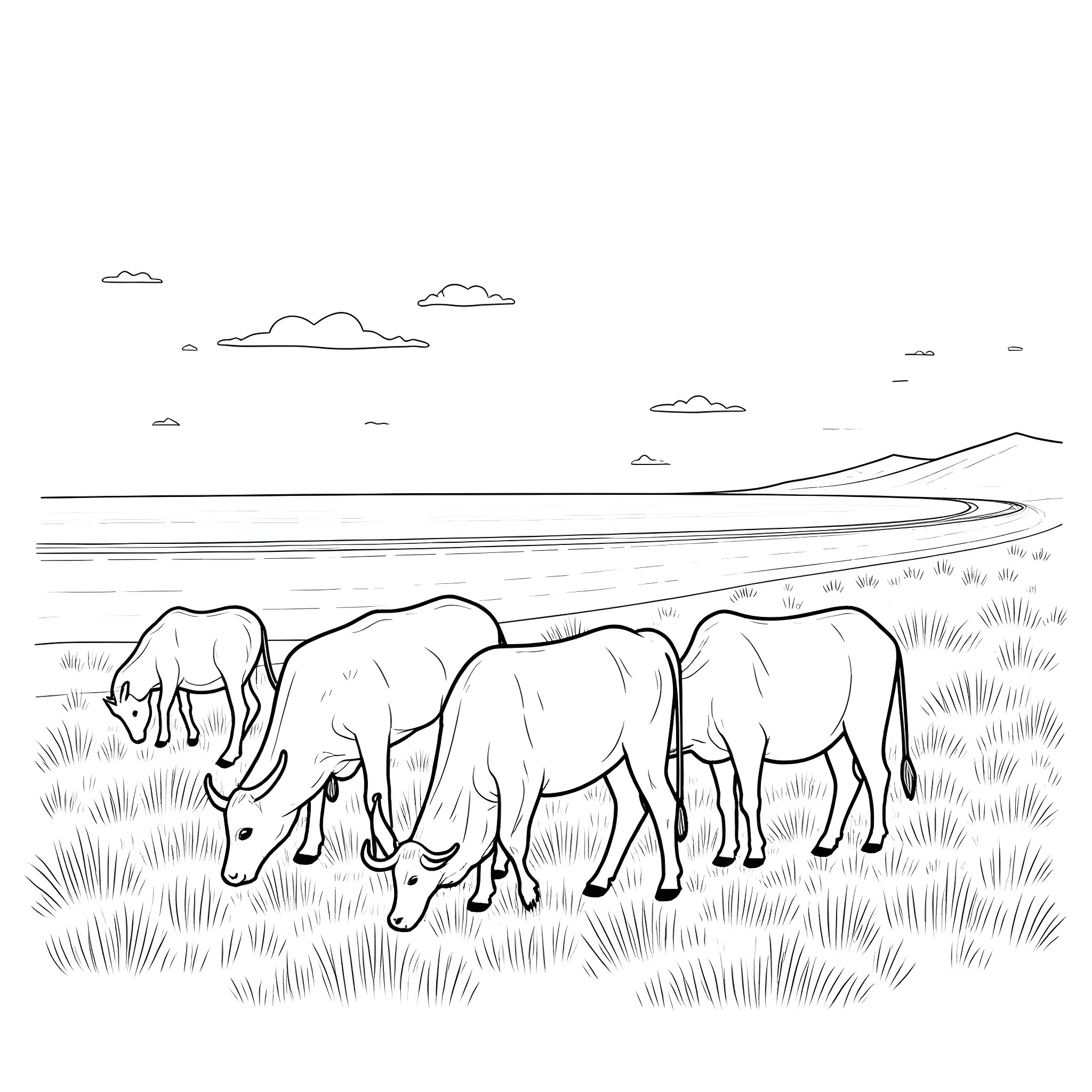 Cattle grazing peacefully in scenic countryside Coloring Page (free black-and-white line drawing printable PDF for all, from beginners to advanced learners, including children, teens, adults, and seniors)