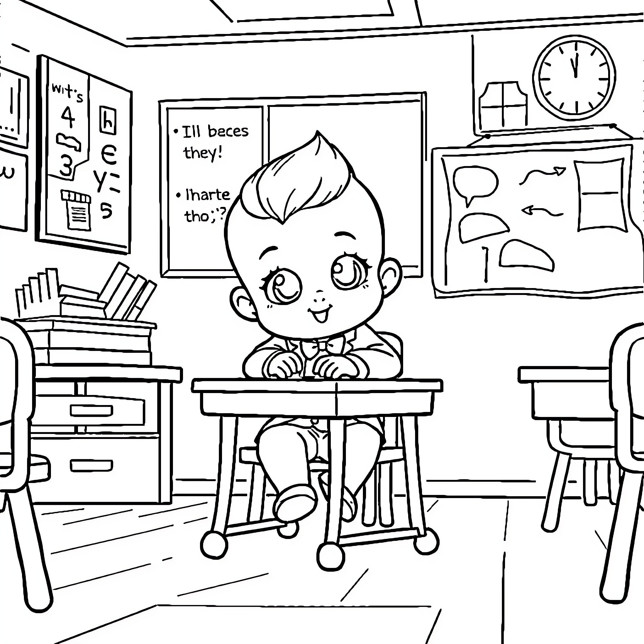 Boss Baby Waiting Patiently in Classroom Coloring Page (free black-and-white line drawing printable PDF for all, from beginners to advanced learners, including children, teens, adults, and seniors)