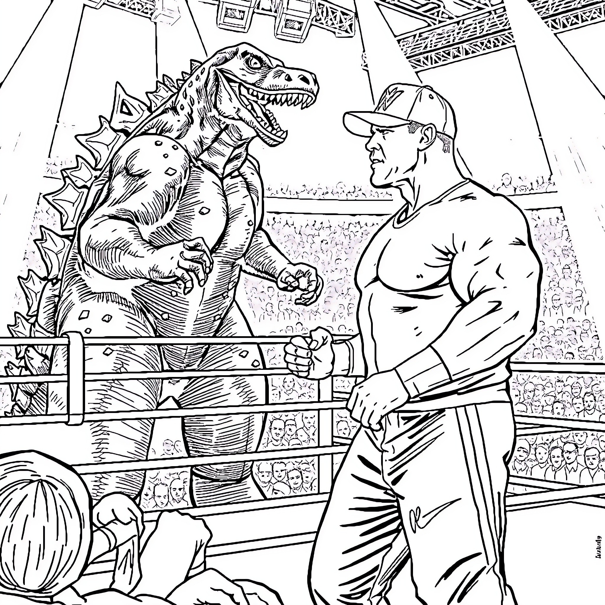 John Cena battles a giant dinosaur in an arena Coloring Page (free black-and-white line drawing printable PDF for all, from beginners to advanced learners, including children, teens, adults, and seniors)