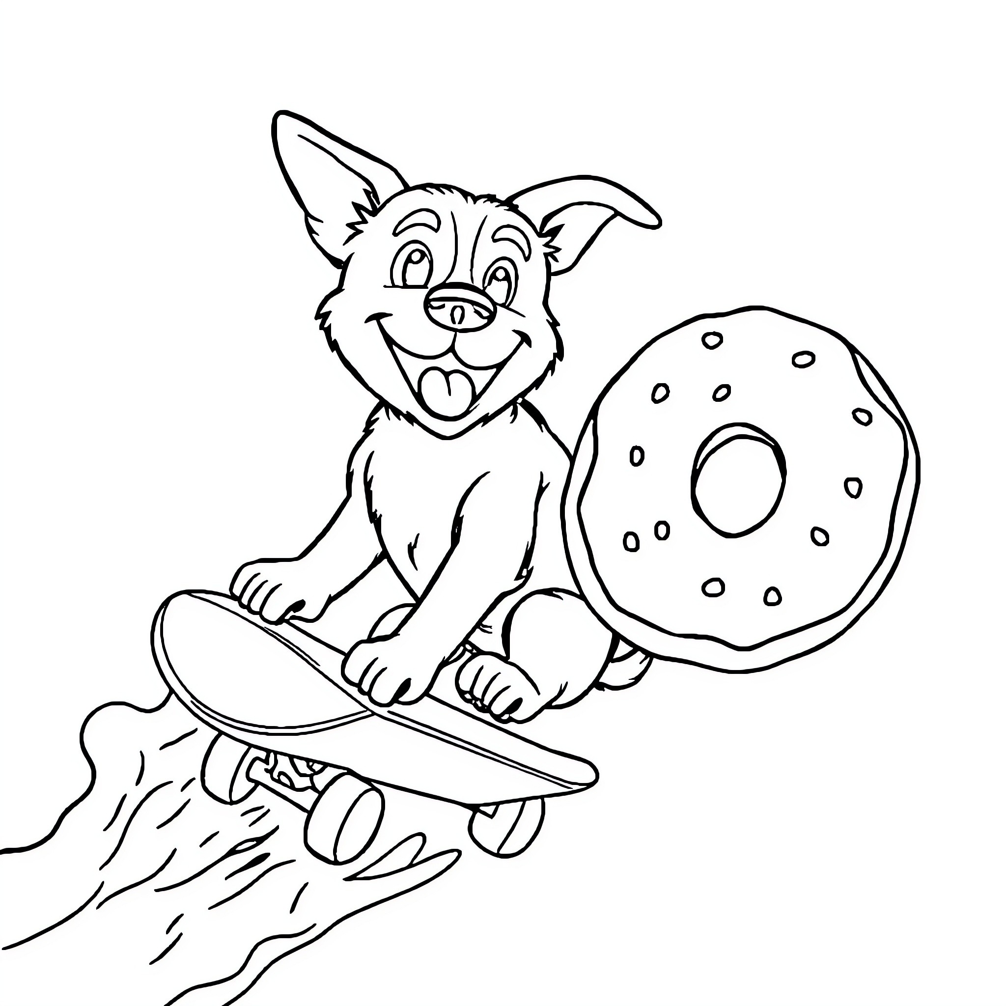 Dog riding skateboard with a donut Coloring Page (free black-and-white line drawing printable PDF for all, from beginners to advanced learners, including children, teens, adults, and seniors)