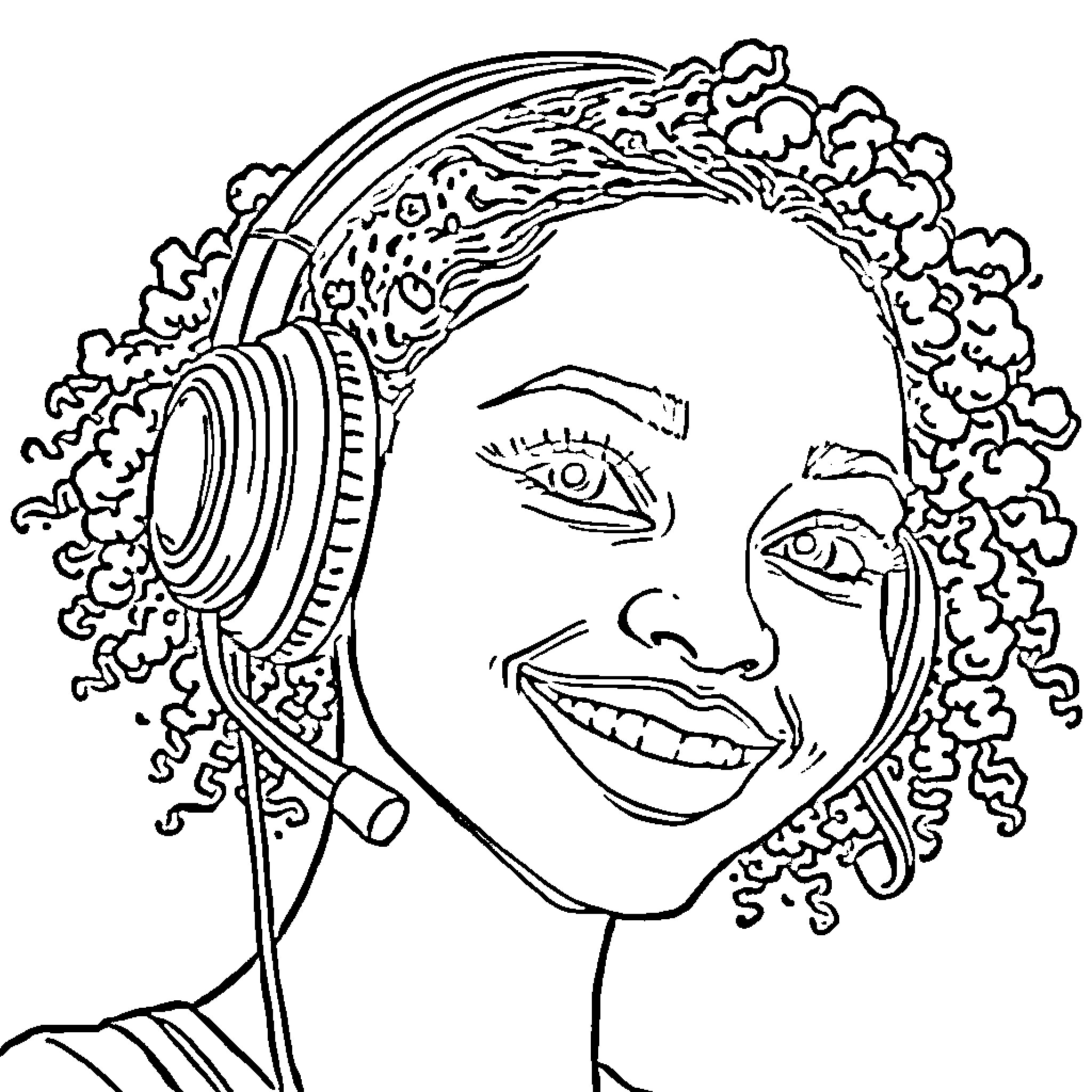 Girl with headphones and curly hair Coloring Page (free black-and-white line drawing printable PDF for all, from beginners to advanced learners, including children, teens, adults, and seniors)