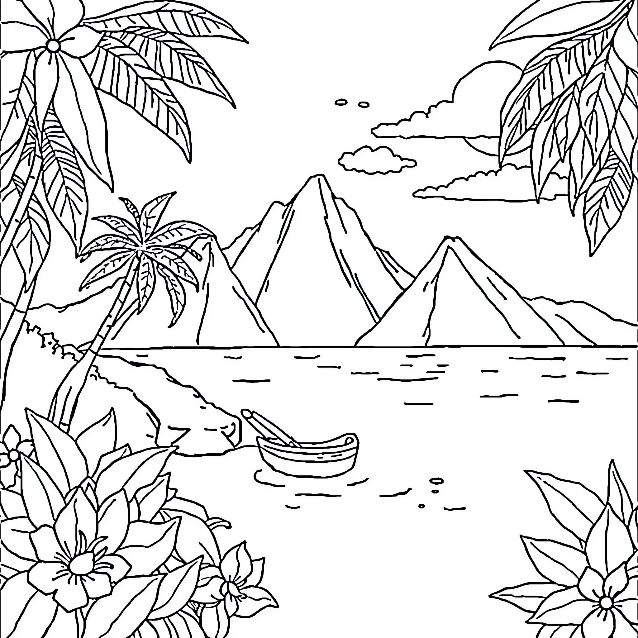Polynesian Object with Scenic Mountain Landscape Coloring Page (free black-and-white line drawing printable PDF for all, from beginners to advanced learners, including children, teens, adults, and seniors)