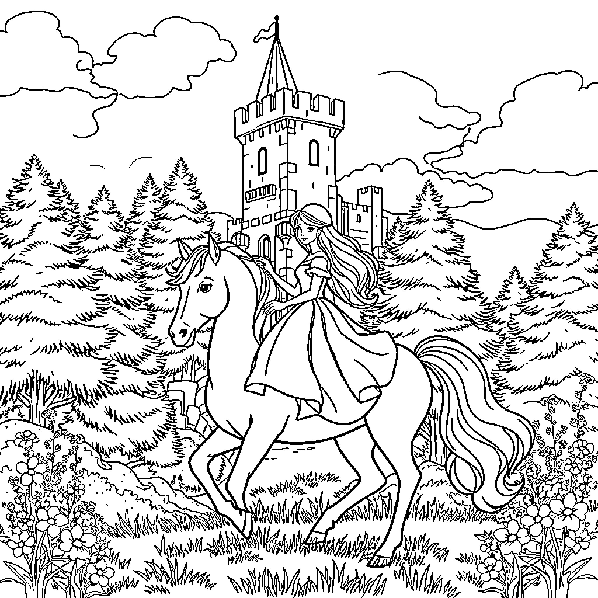 Princess riding a horse towards a castle in the woods Coloring Page (free black-and-white line drawing printable PDF for all, from beginners to advanced learners, including children, teens, adults, and seniors)