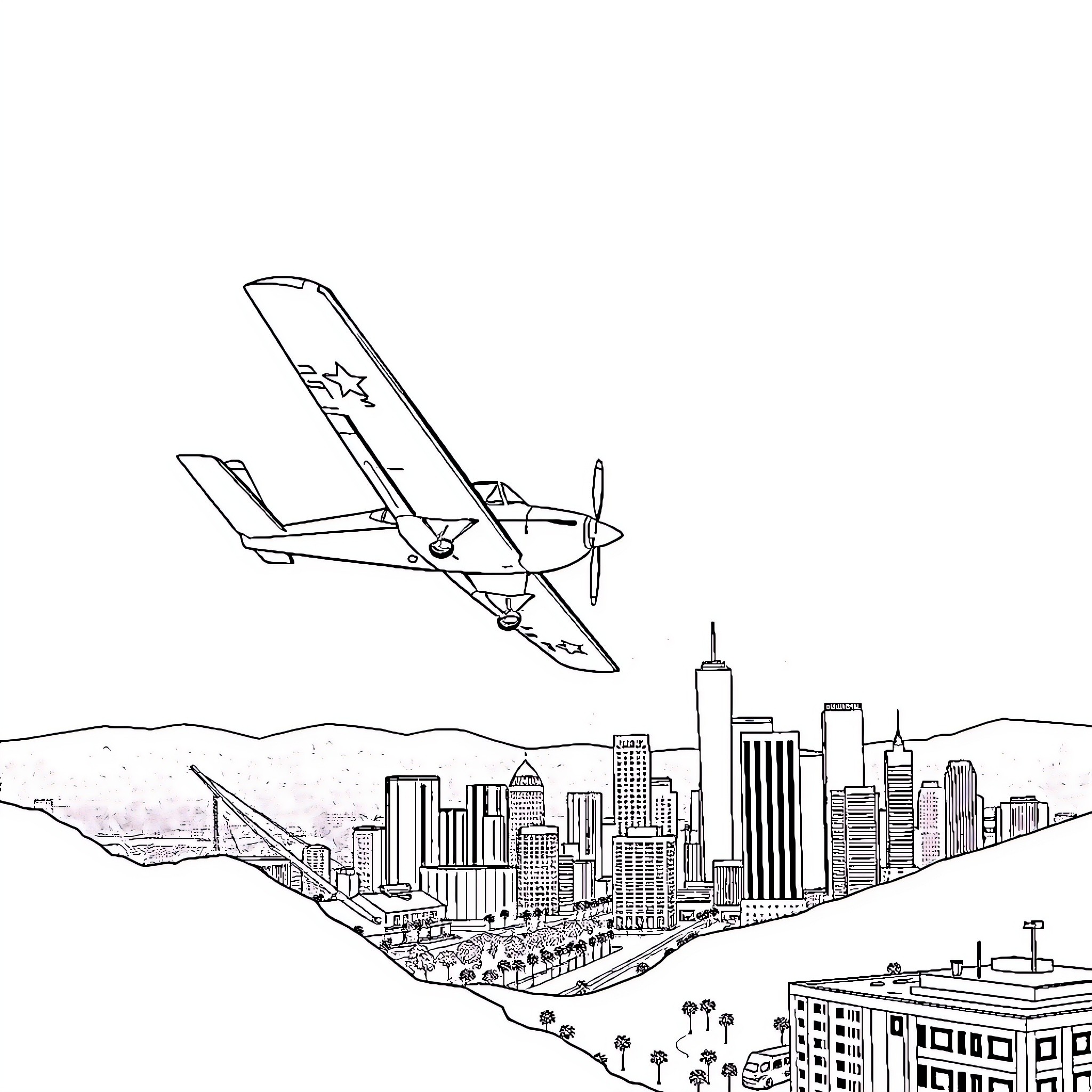 Airplane flying over urban cityscape Coloring Page (free black-and-white line drawing printable PDF for all, from beginners to advanced learners, including children, teens, adults, and seniors)