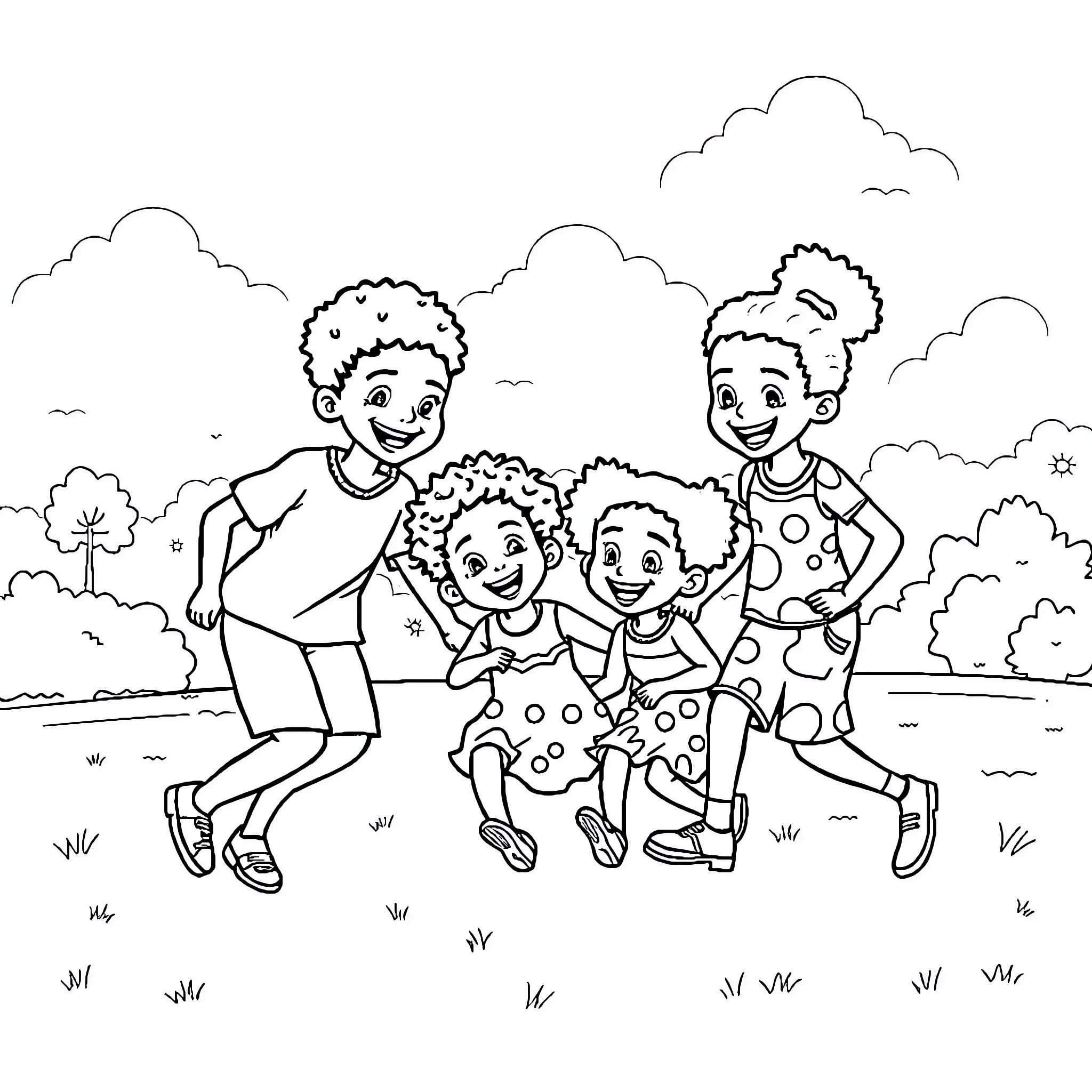 Child's family playing together outdoors Coloring Page (free black-and-white line drawing printable PDF for all, from beginners to advanced learners, including children, teens, adults, and seniors)