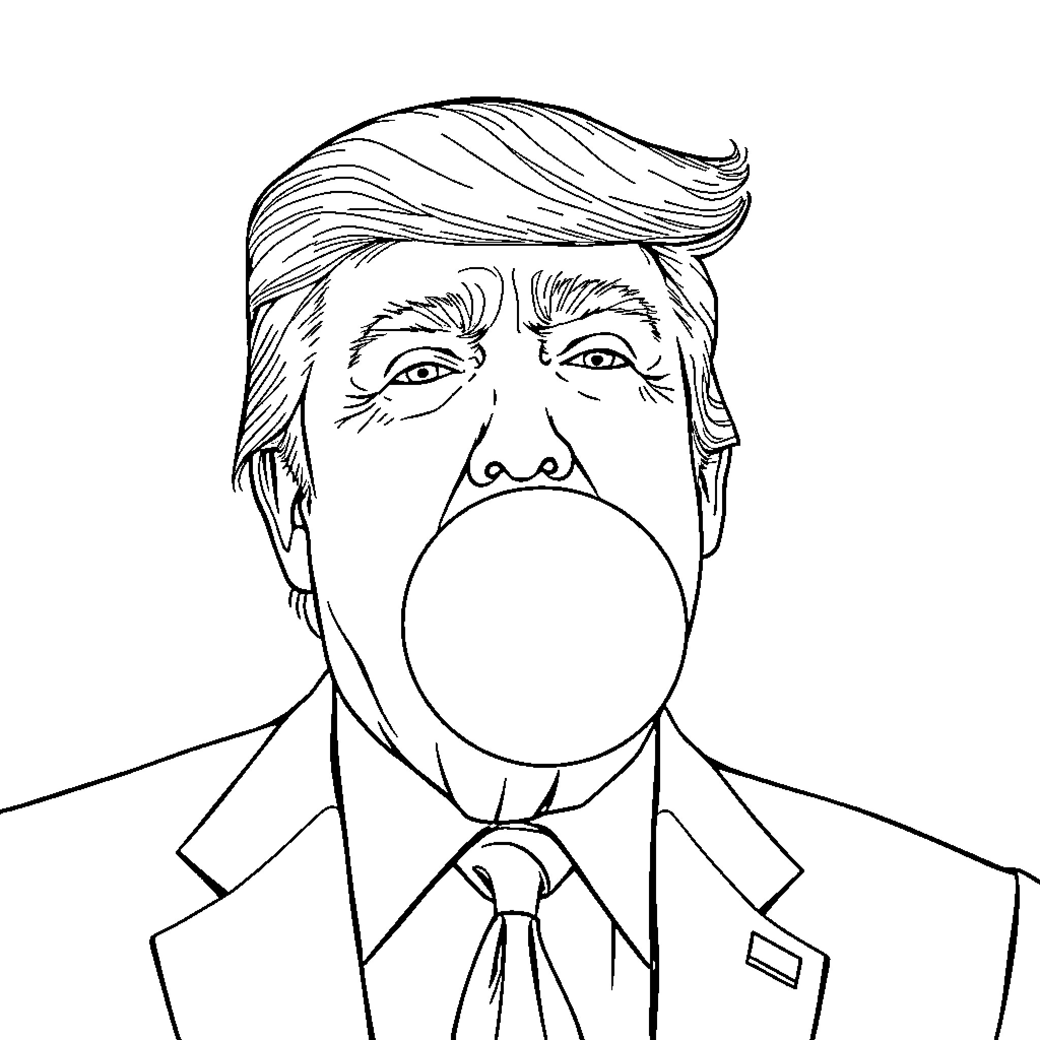 Donald Trump blowing bubble gum in suit Coloring Page (free black-and-white line drawing printable PDF for all, from beginners to advanced learners, including children, teens, adults, and seniors)