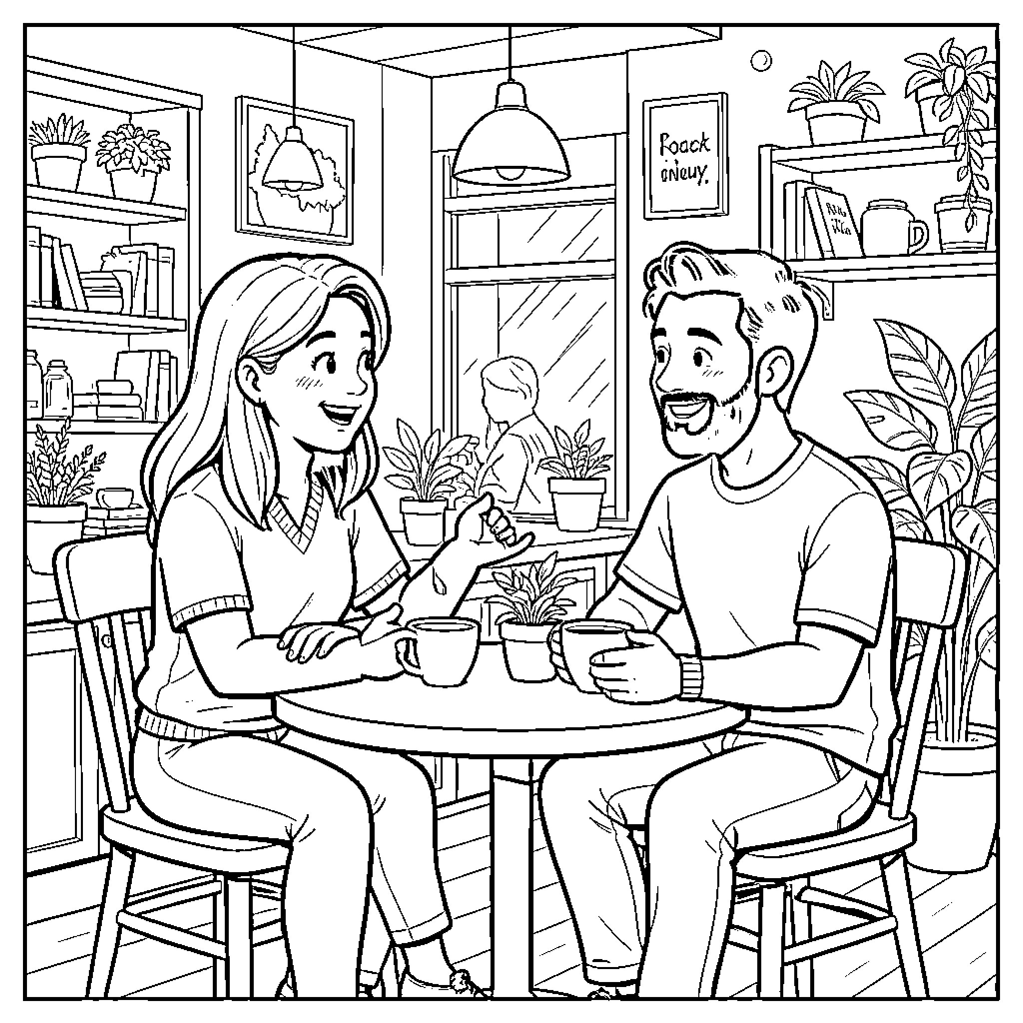 Cat Couple Enjoying Cozy Coffee at Home Coloring Page (free black-and-white line drawing printable PDF for all, from beginners to advanced learners, including children, teens, adults, and seniors)