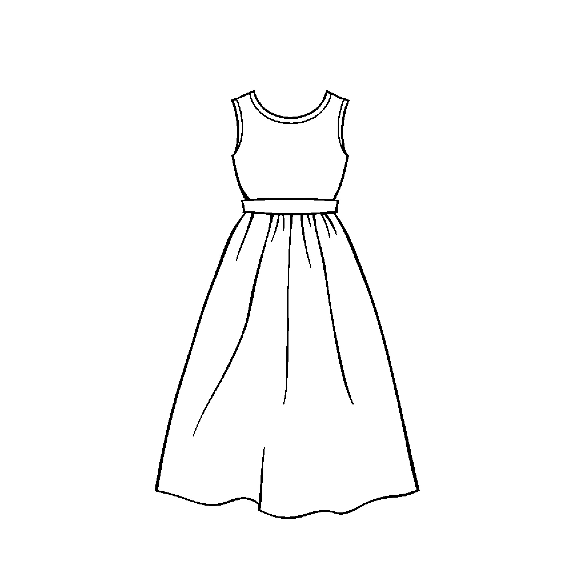 Dress with flowing skirt Coloring Page (free black-and-white line drawing printable PDF for all, from beginners to advanced learners, including children, teens, adults, and seniors)