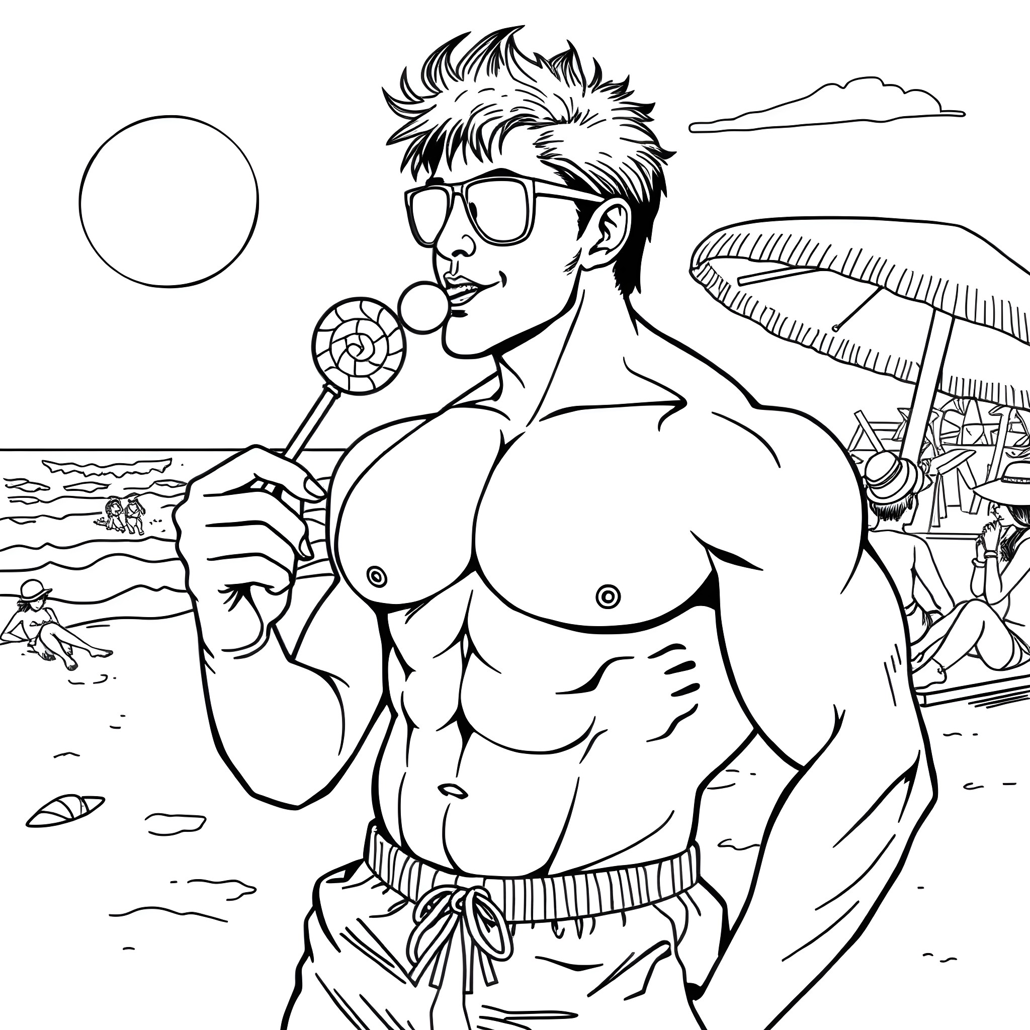 Guy enjoying lollipop at the beach Coloring Page (free black-and-white line drawing printable PDF for all, from beginners to advanced learners, including children, teens, adults, and seniors)