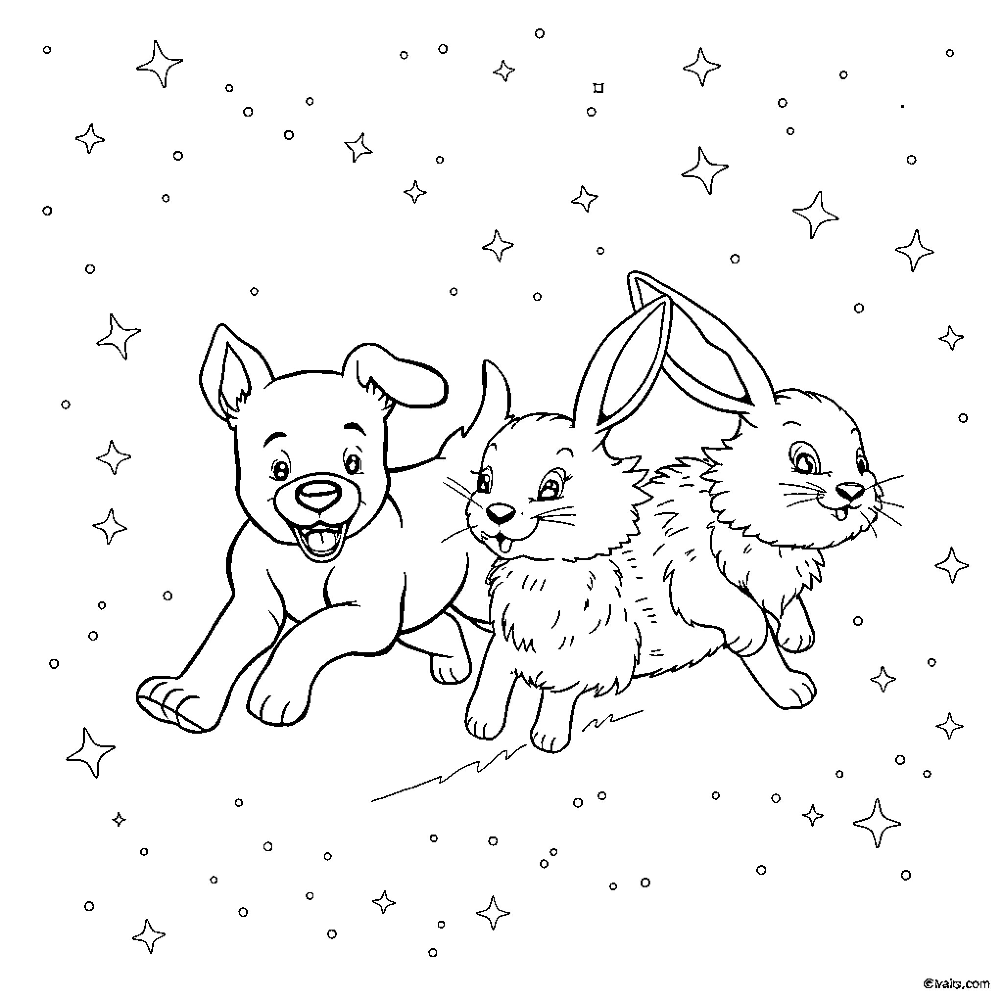 Dog and friends playing under the stars Coloring Page (free black-and-white line drawing printable PDF for all, from beginners to advanced learners, including children, teens, adults, and seniors)
