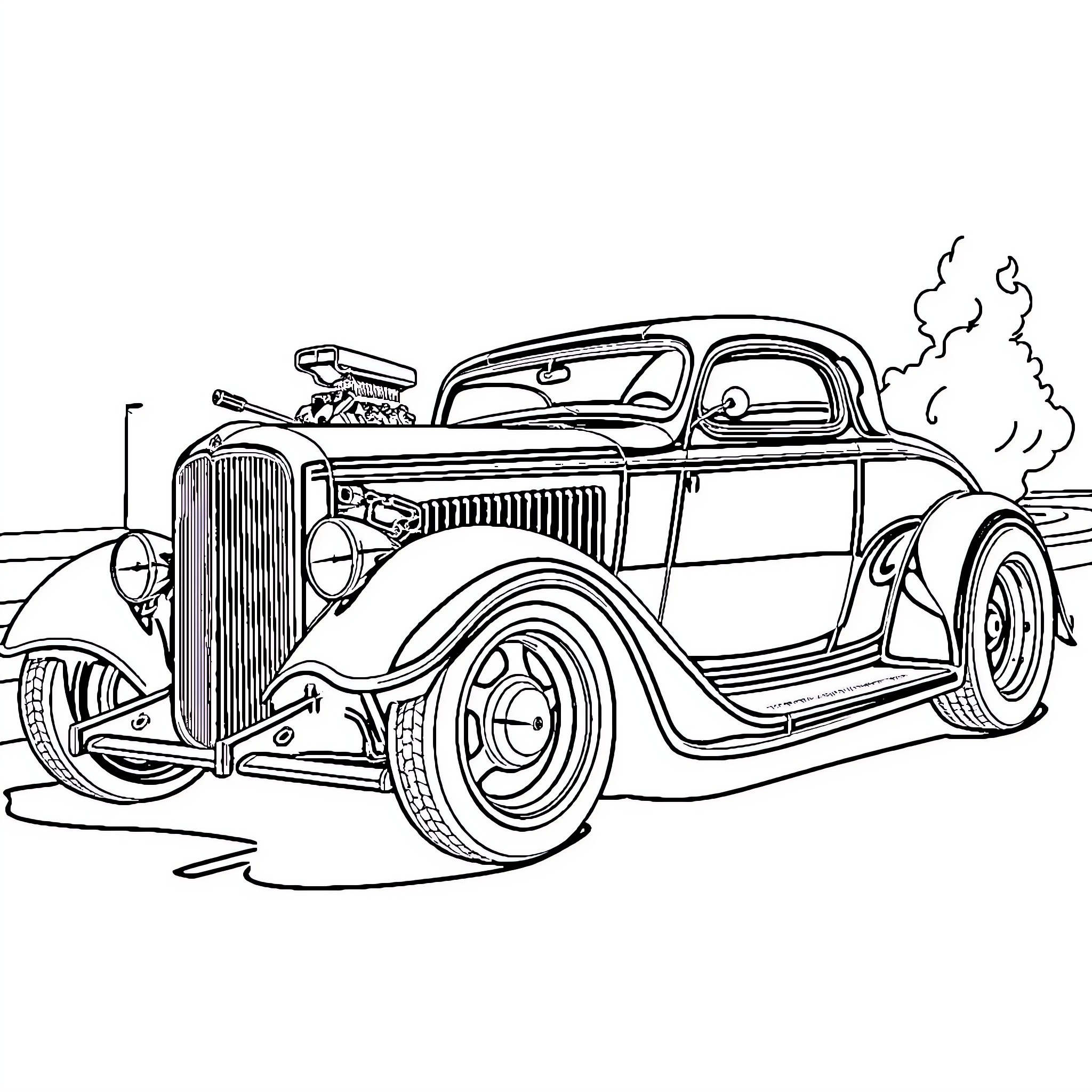 Hotrod coupe speeding down the road Coloring Page (free black-and-white line drawing printable PDF for all, from beginners to advanced learners, including children, teens, adults, and seniors)