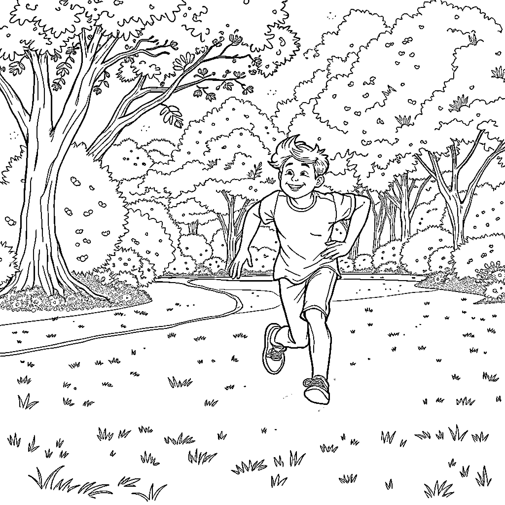 Boy enjoying a leisurely walk through the forest Coloring Page (free black-and-white line drawing printable PDF for all, from beginners to advanced learners, including children, teens, adults, and seniors)