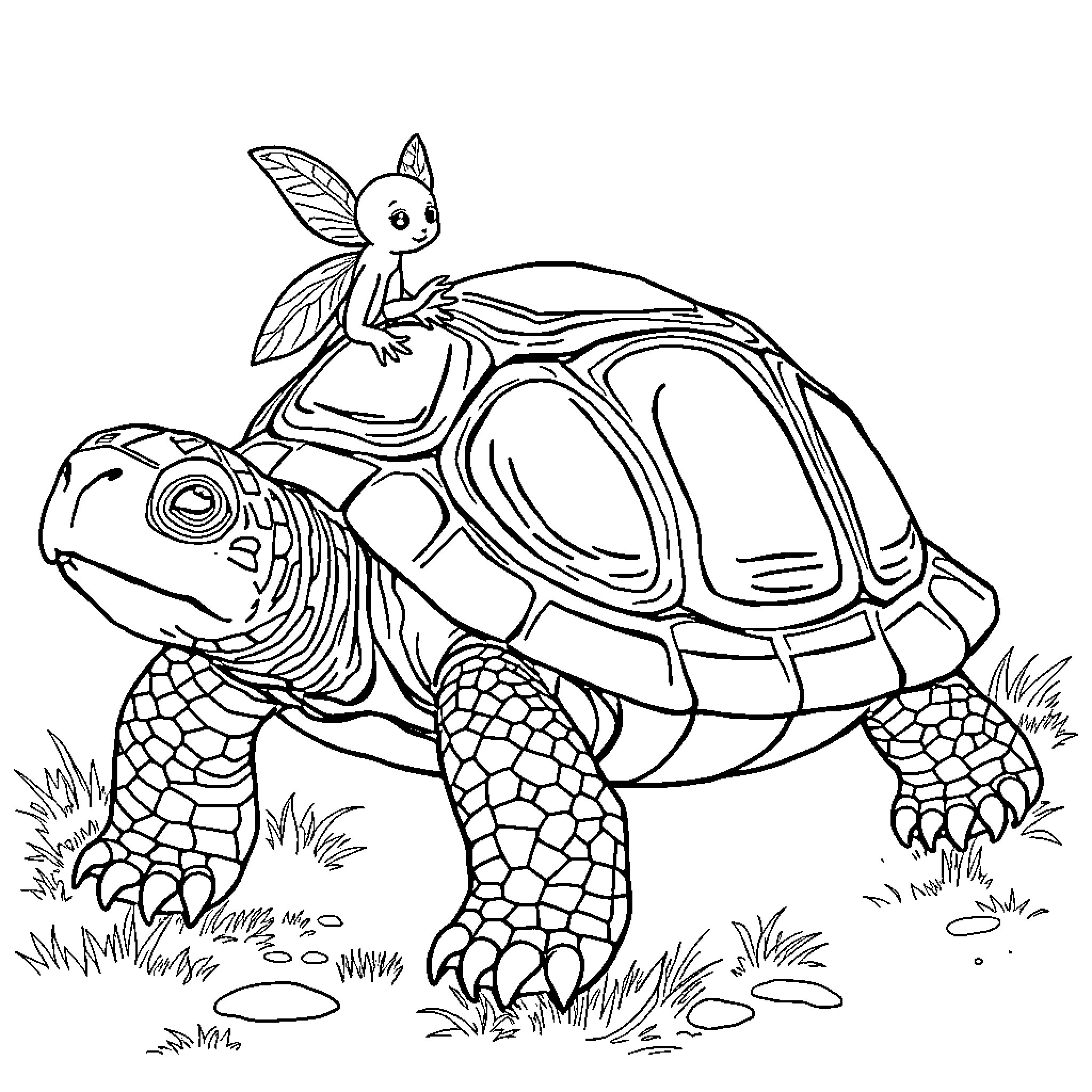 Turtle carrying a fairy on its shell Coloring Page (free black-and-white line drawing printable PDF for all, from beginners to advanced learners, including children, teens, adults, and seniors)