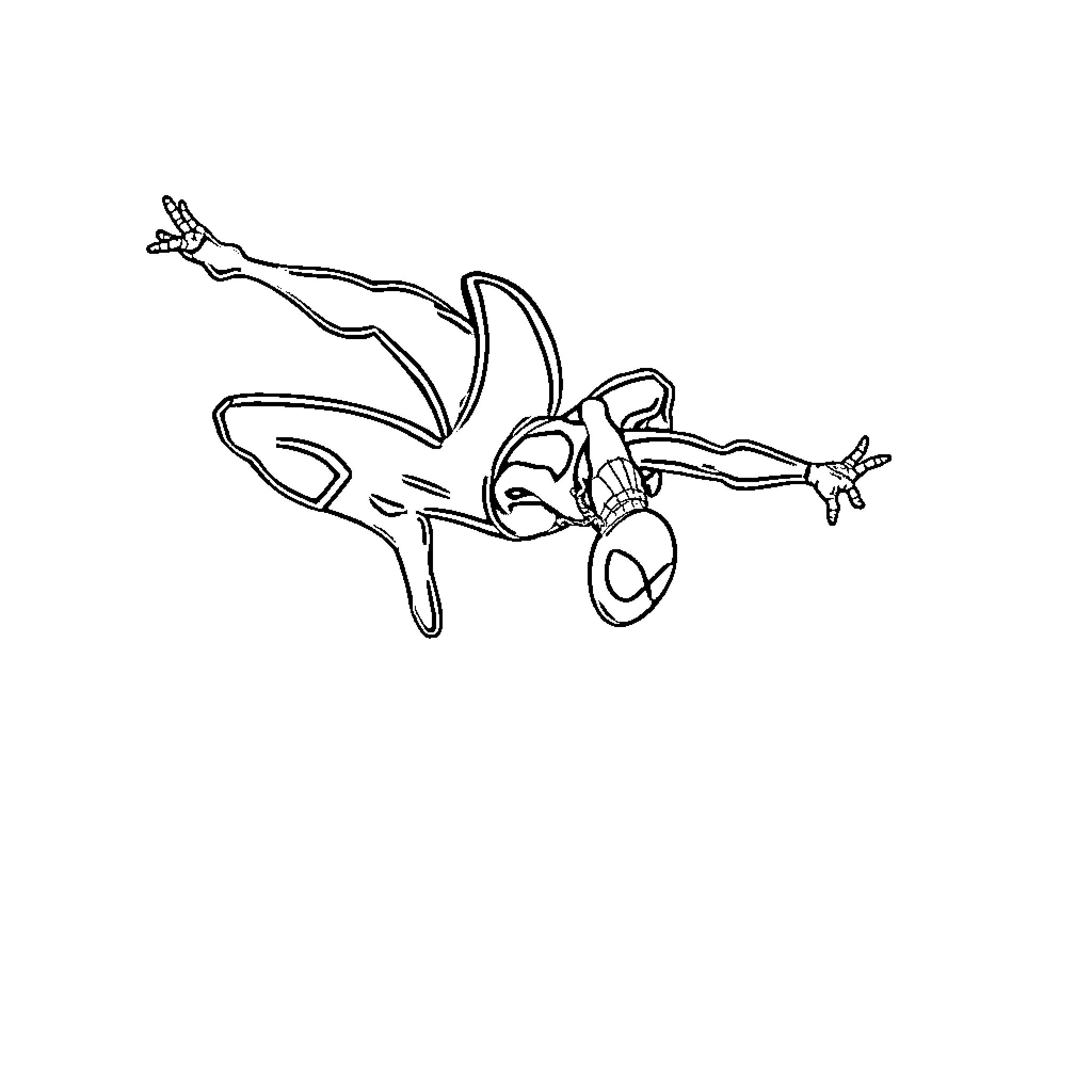 Spidey Flipje swinging and jumping in action Coloring Page (free black-and-white line drawing printable PDF for all, from beginners to advanced learners, including children, teens, adults, and seniors)