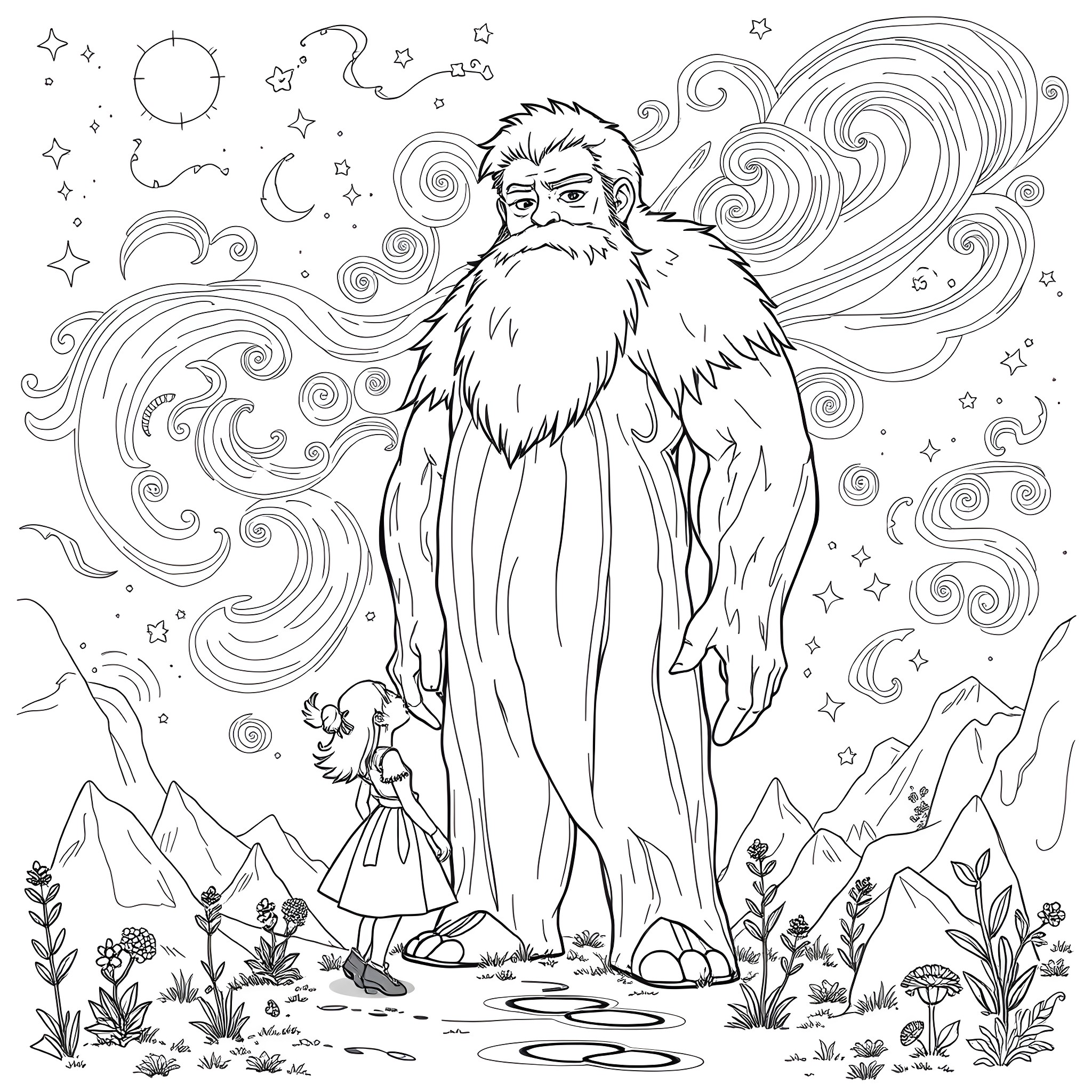 Sophie's Enchanted Forest Adventure Coloring Page (free black-and-white line drawing printable PDF for all, from beginners to advanced learners, including children, teens, adults, and seniors)
