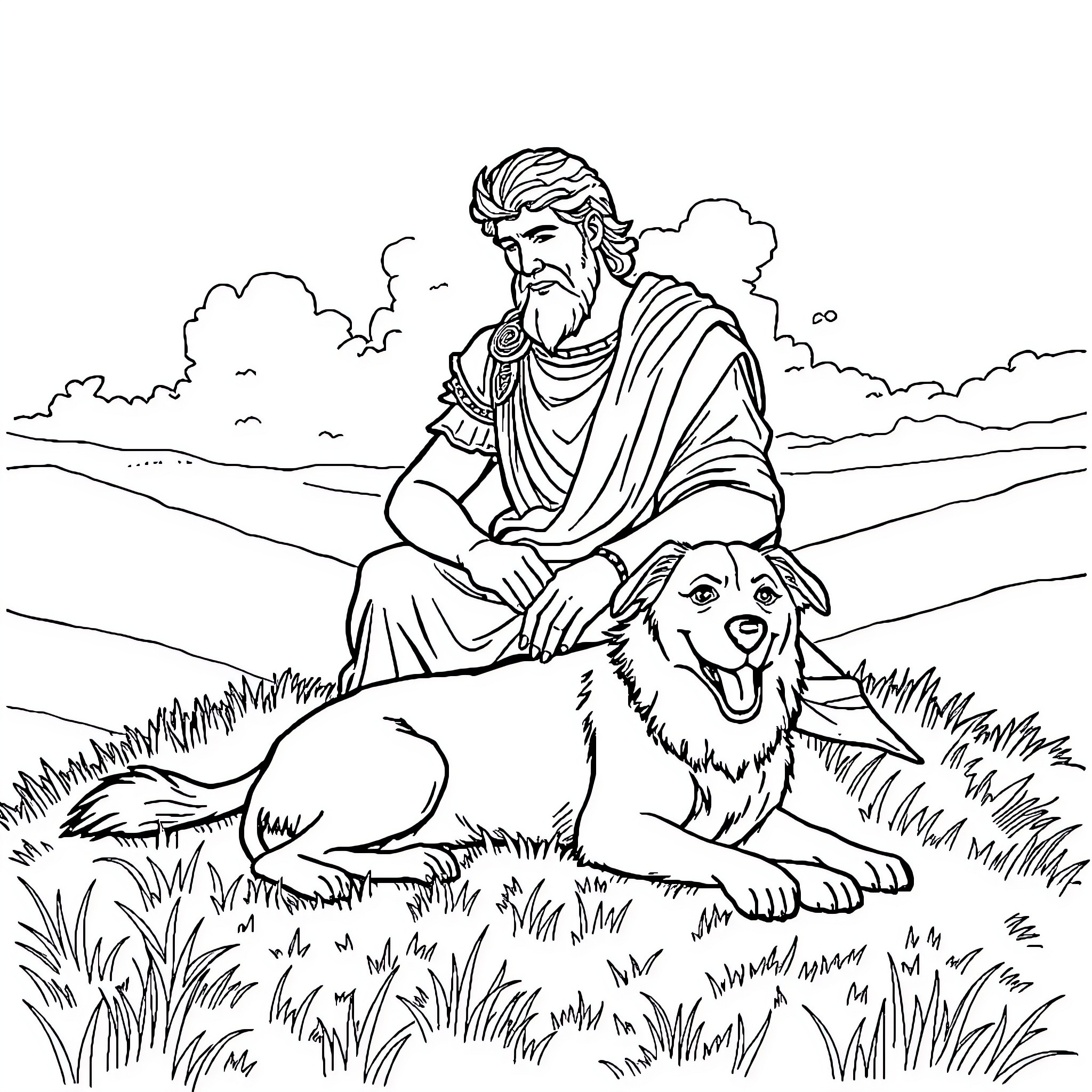 Alexander the Great with his loyal companion in the wilderness Coloring Page (free black-and-white line drawing printable PDF for all, from beginners to advanced learners, including children, teens, adults, and seniors)