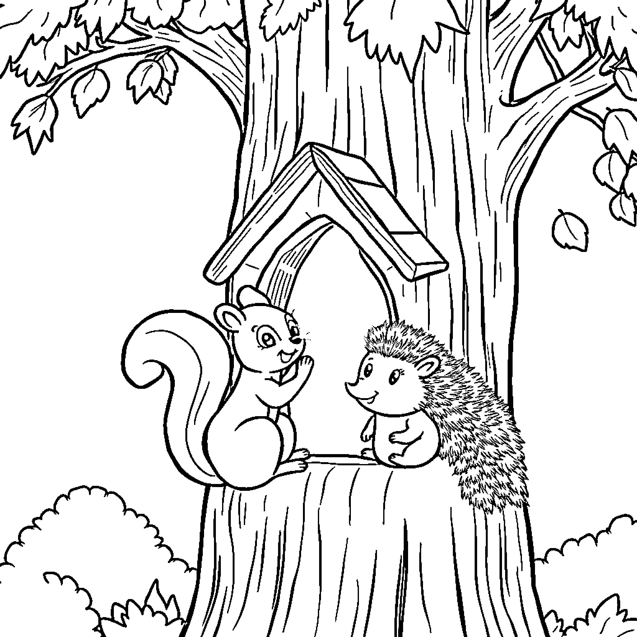 Squirrel and Hedgehog in the Forest Coloring Page (free black-and-white line drawing printable PDF for all, from beginners to advanced learners, including children, teens, adults, and seniors)