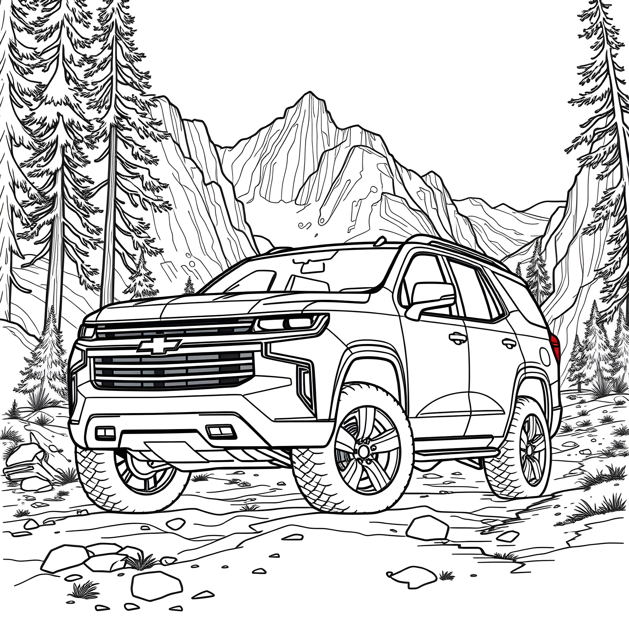Chevy Blazer traversing rugged mountain terrain Coloring Page (free black-and-white line drawing printable PDF for all, from beginners to advanced learners, including children, teens, adults, and seniors)