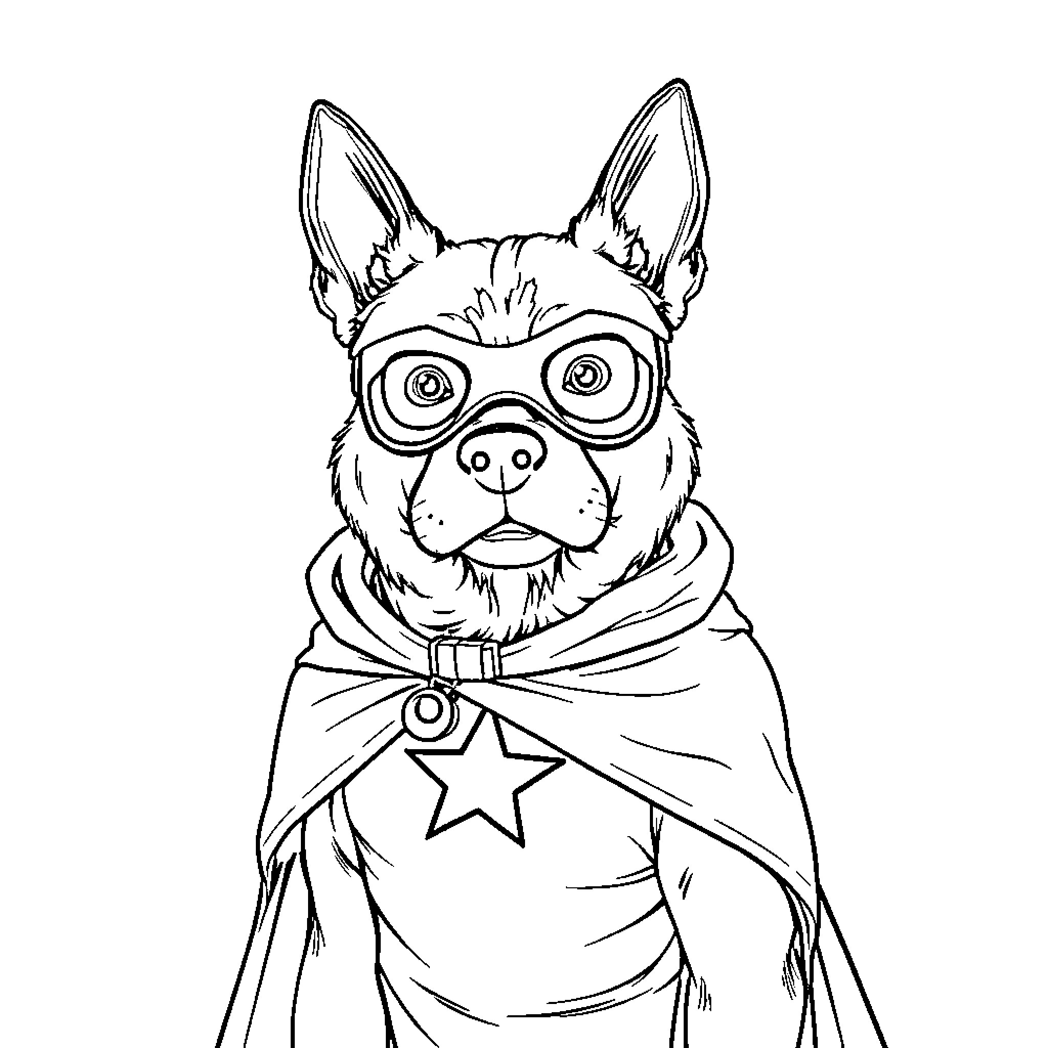 Dog Man in Superhero Costume Coloring Page (free black-and-white line drawing printable PDF for all, from beginners to advanced learners, including children, teens, adults, and seniors)