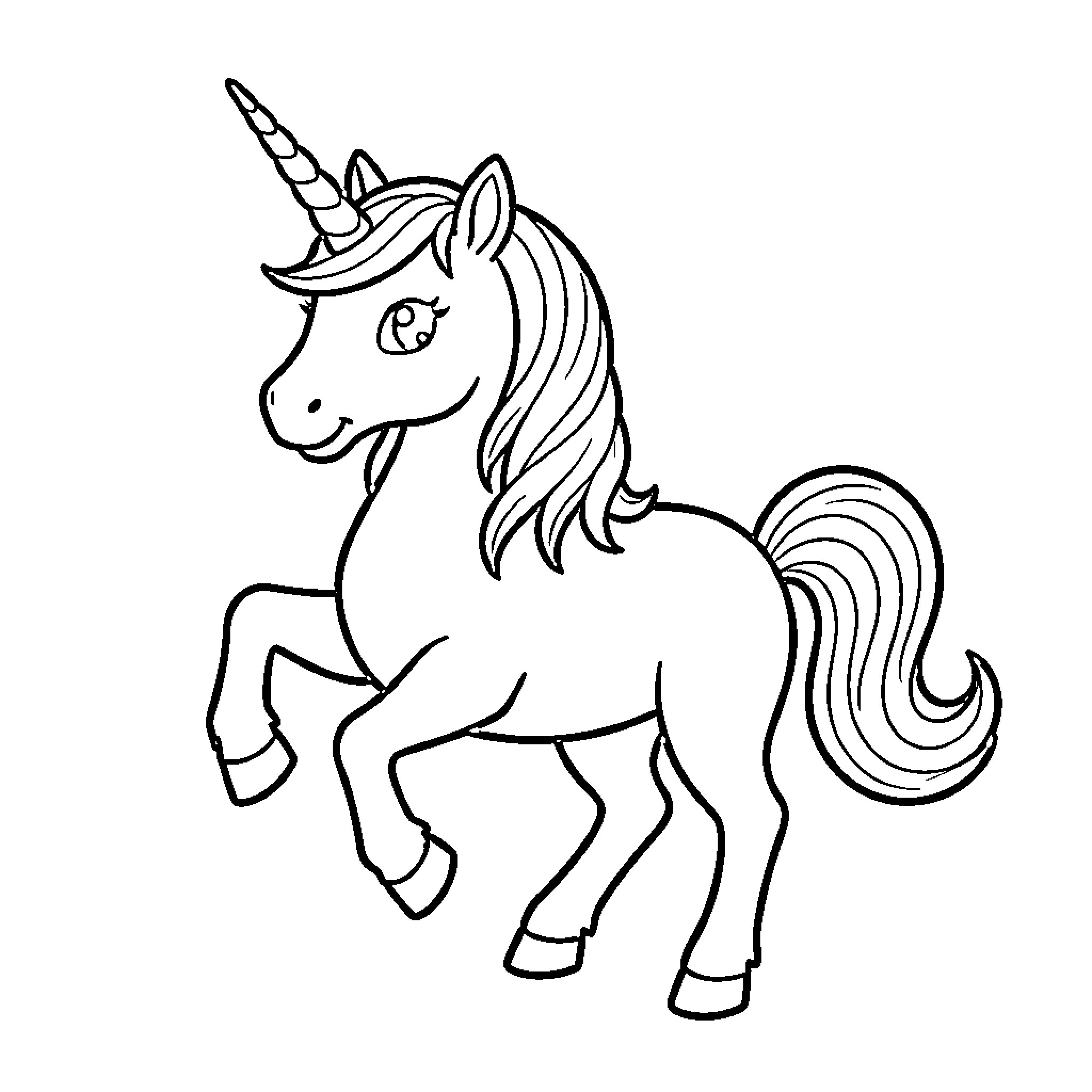 Unicorn prancing gracefully with a joyful expression Coloring Page (free black-and-white line drawing printable PDF for all, from beginners to advanced learners, including children, teens, adults, and seniors)