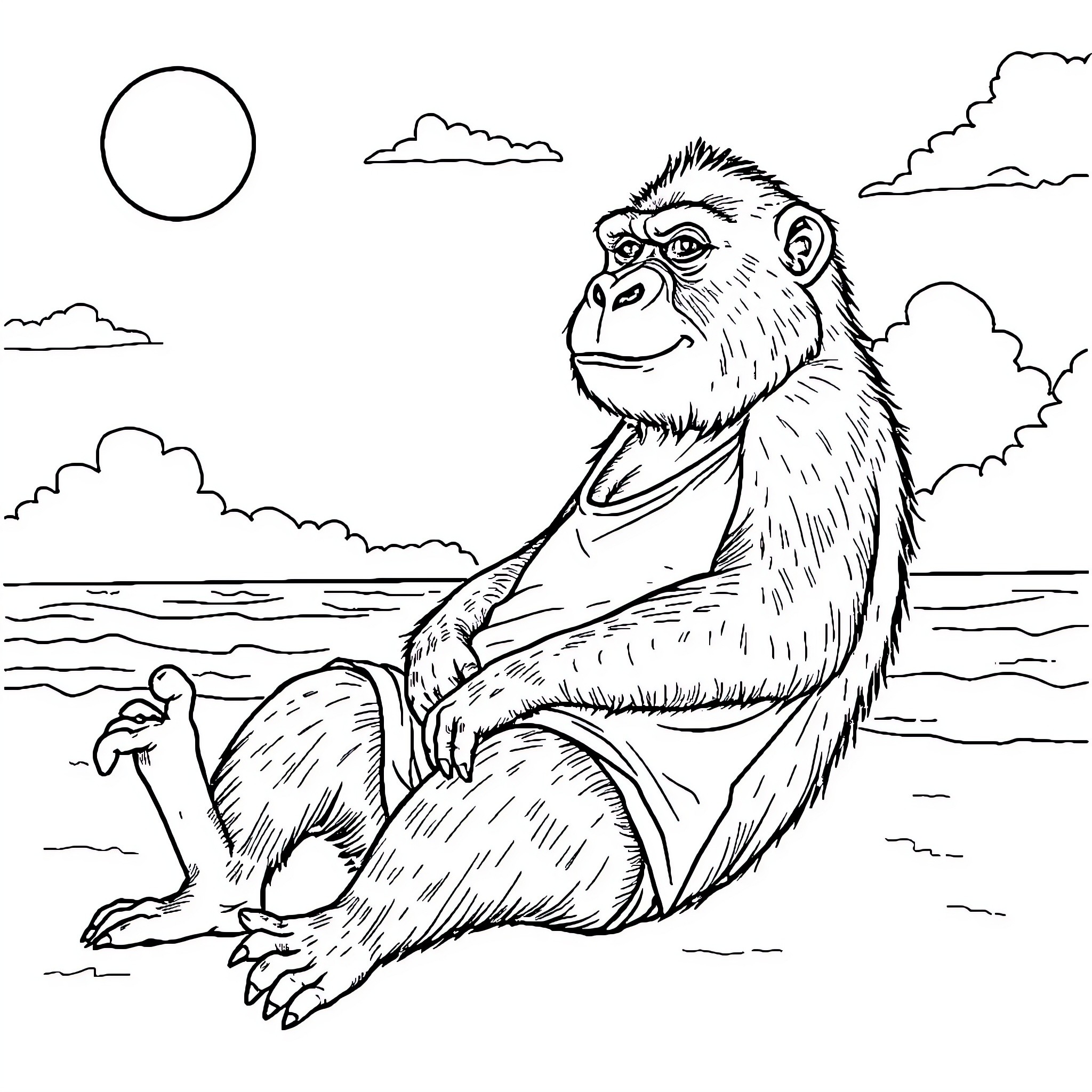 Gorilla enjoying peaceful scenery by the water Coloring Page (free black-and-white line drawing printable PDF for all, from beginners to advanced learners, including children, teens, adults, and seniors)