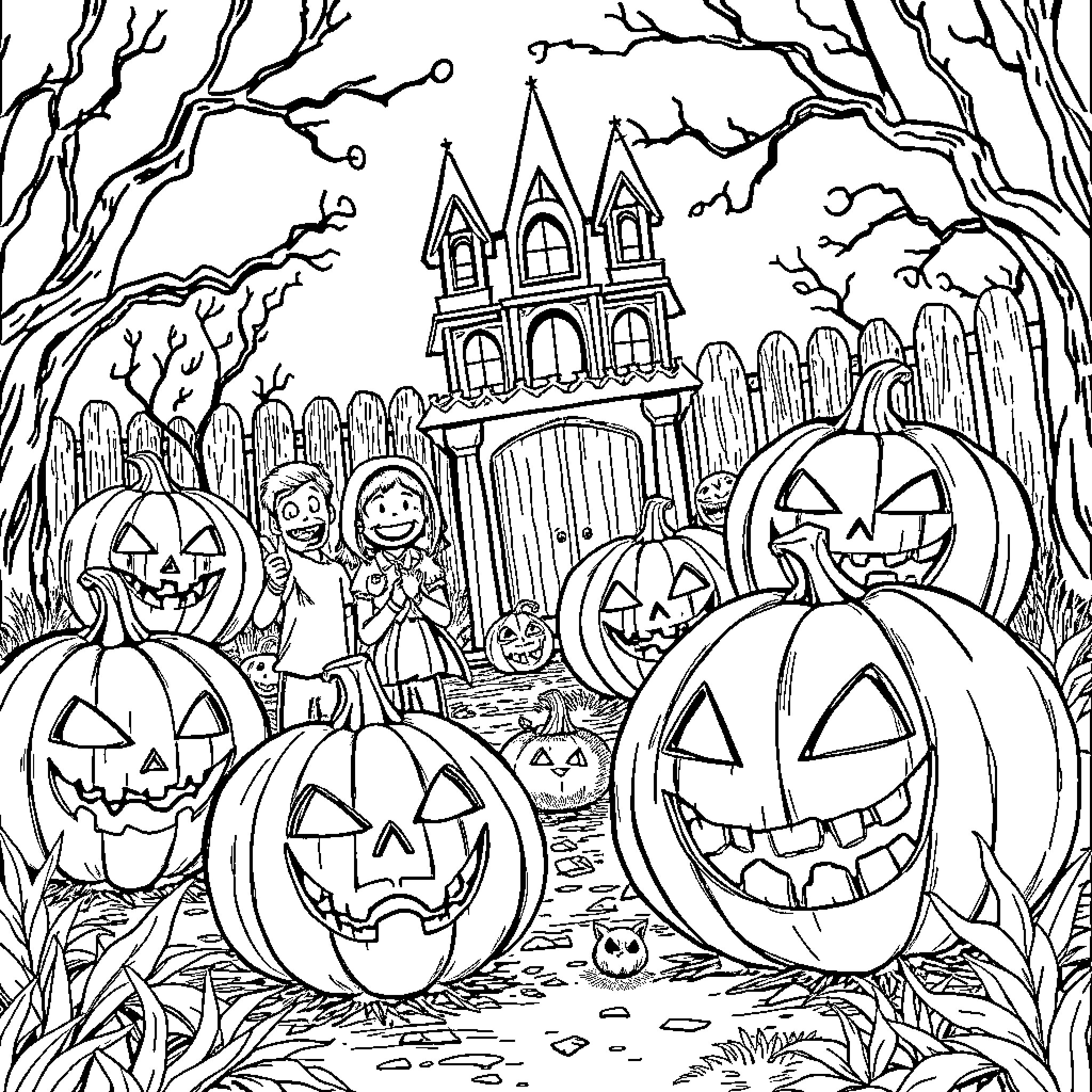 Pumpkins and Halloween scenes in the forest Coloring Page (free black-and-white line drawing printable PDF for all, from beginners to advanced learners, including children, teens, adults, and seniors)