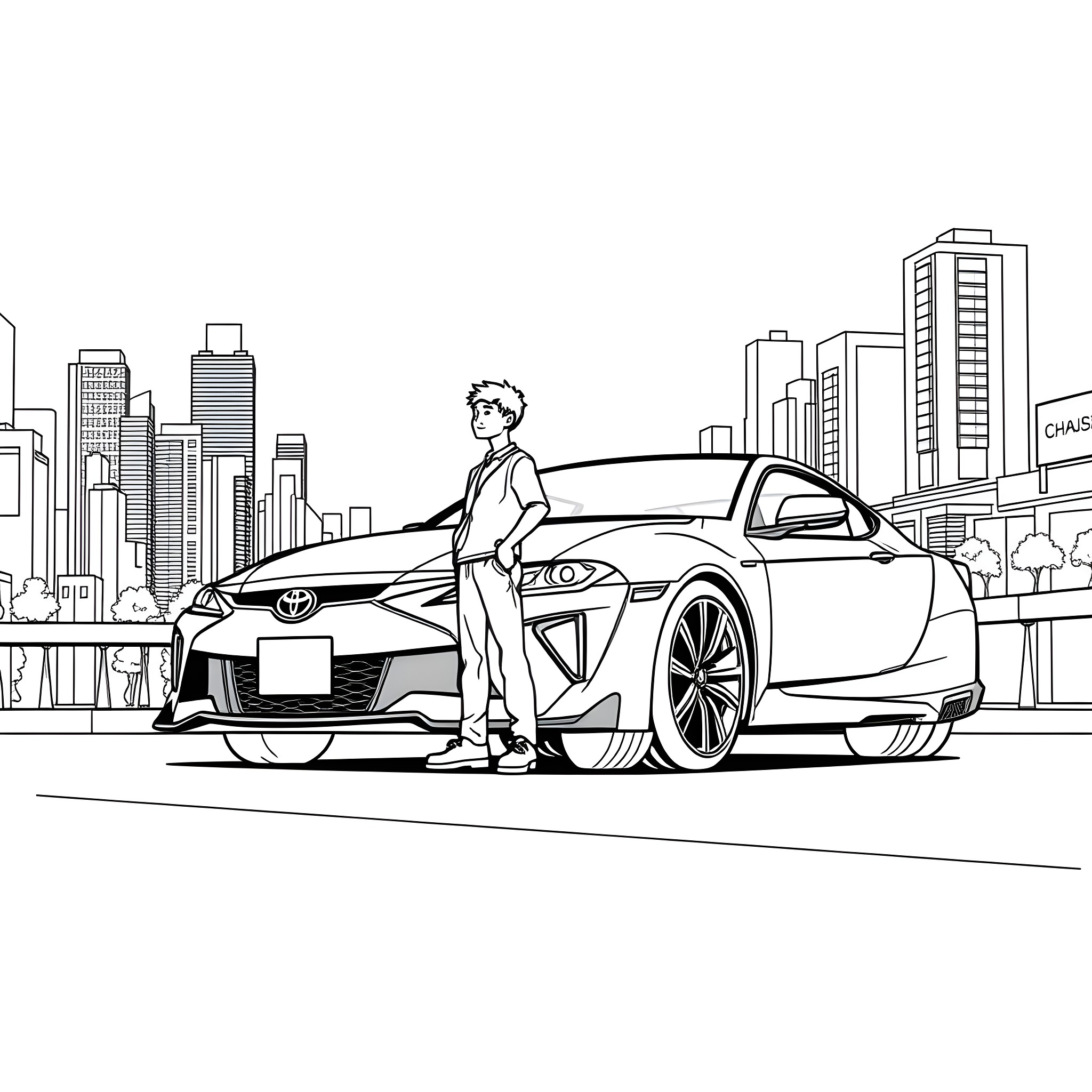 Shy Guy admiring the sleek sports car in the city Coloring Page (free black-and-white line drawing printable PDF for all, from beginners to advanced learners, including children, teens, adults, and seniors)