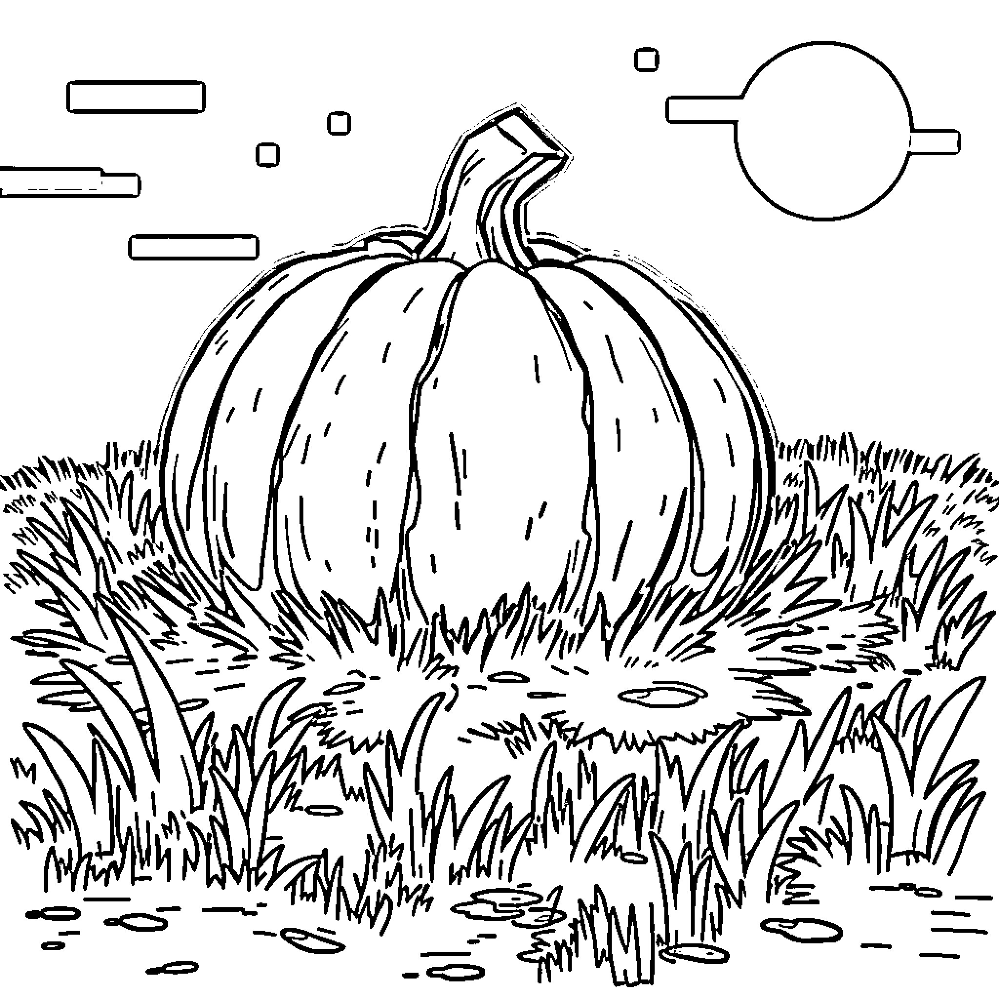 Pumpkin in the Grassy Meadow Coloring Page (free black-and-white line drawing printable PDF for all, from beginners to advanced learners, including children, teens, adults, and seniors)