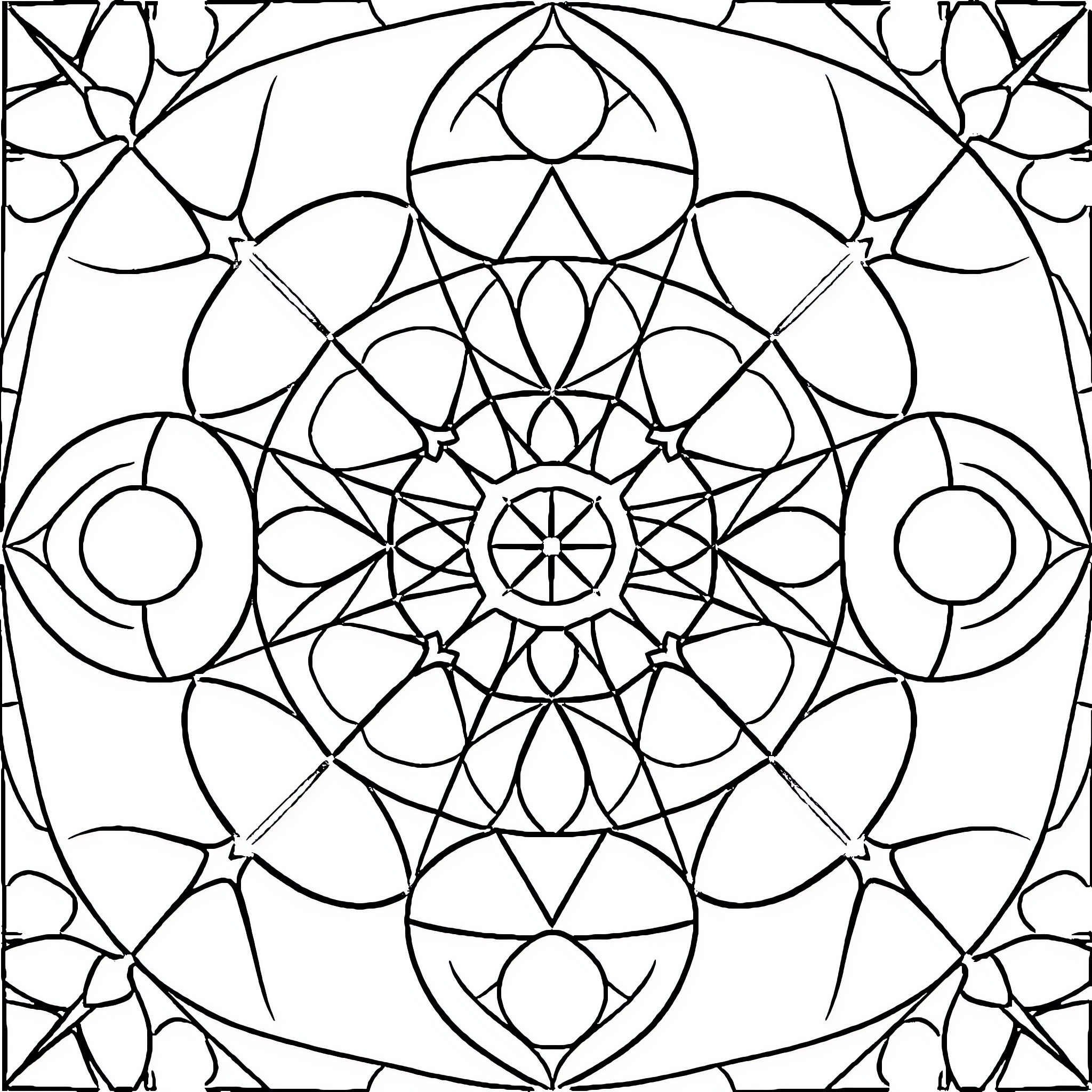 Geometric Shapes in Intricate Symmetrical Design Coloring Page (free black-and-white line drawing printable PDF for all, from beginners to advanced learners, including children, teens, adults, and seniors)