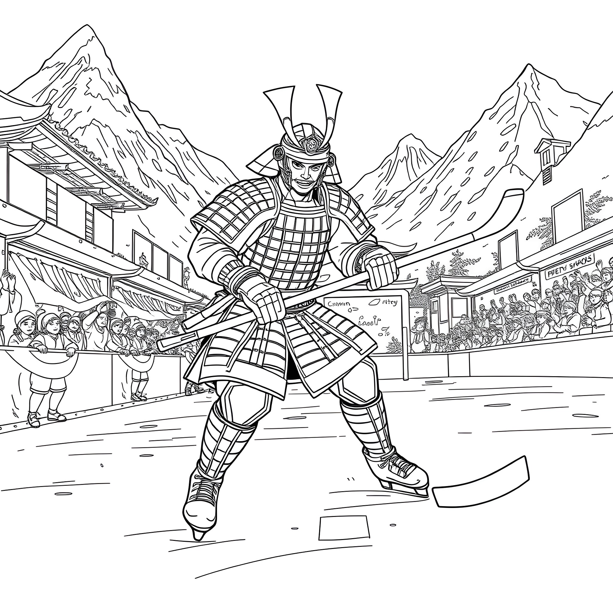 Samurai Warrior's Decisive Stance in the Mountainous Village Coloring Page (free black-and-white line drawing printable PDF for all, from beginners to advanced learners, including children, teens, adults, and seniors)