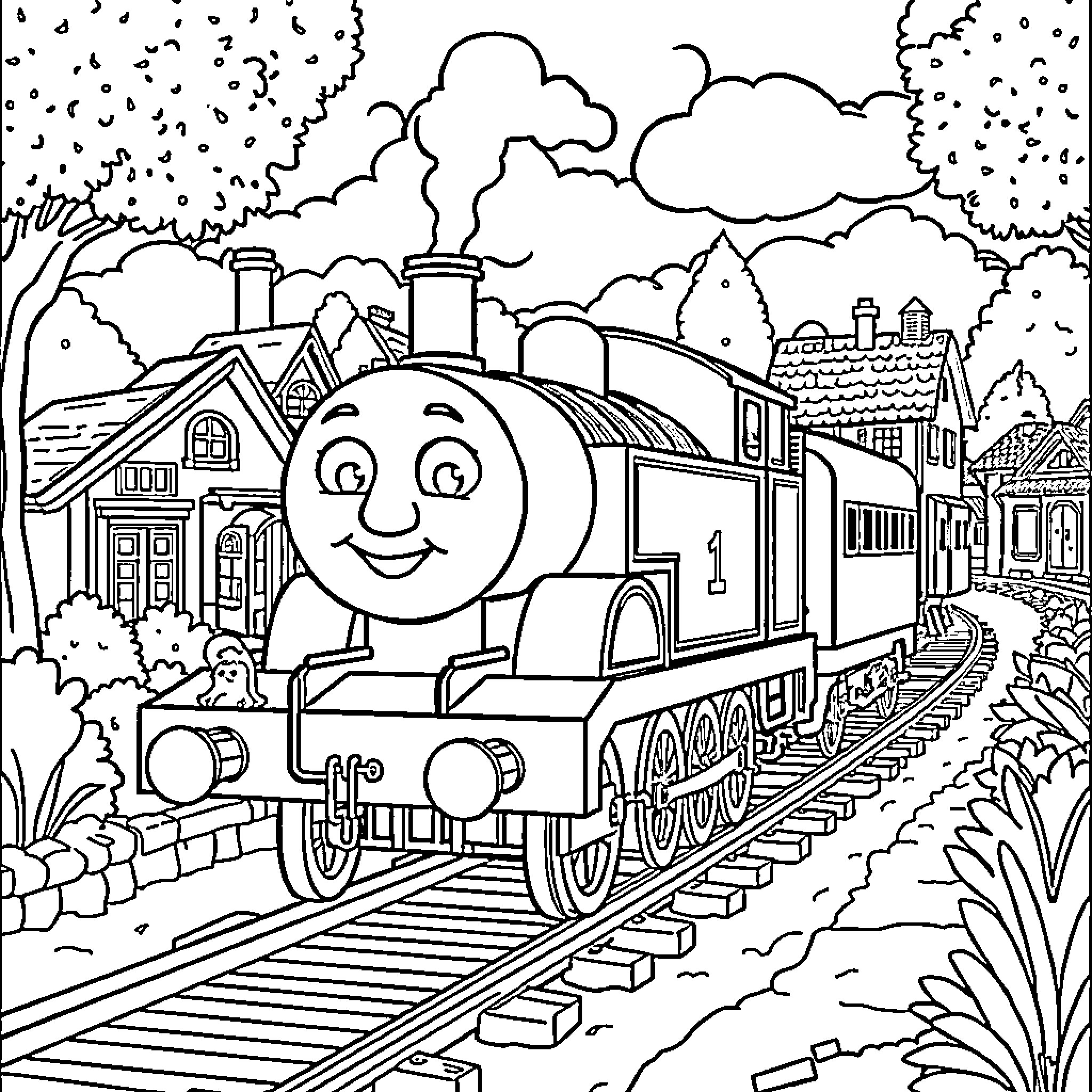 Train traveling through a cheerful countryside scene Coloring Page (free black-and-white line drawing printable PDF for all, from beginners to advanced learners, including children, teens, adults, and seniors)