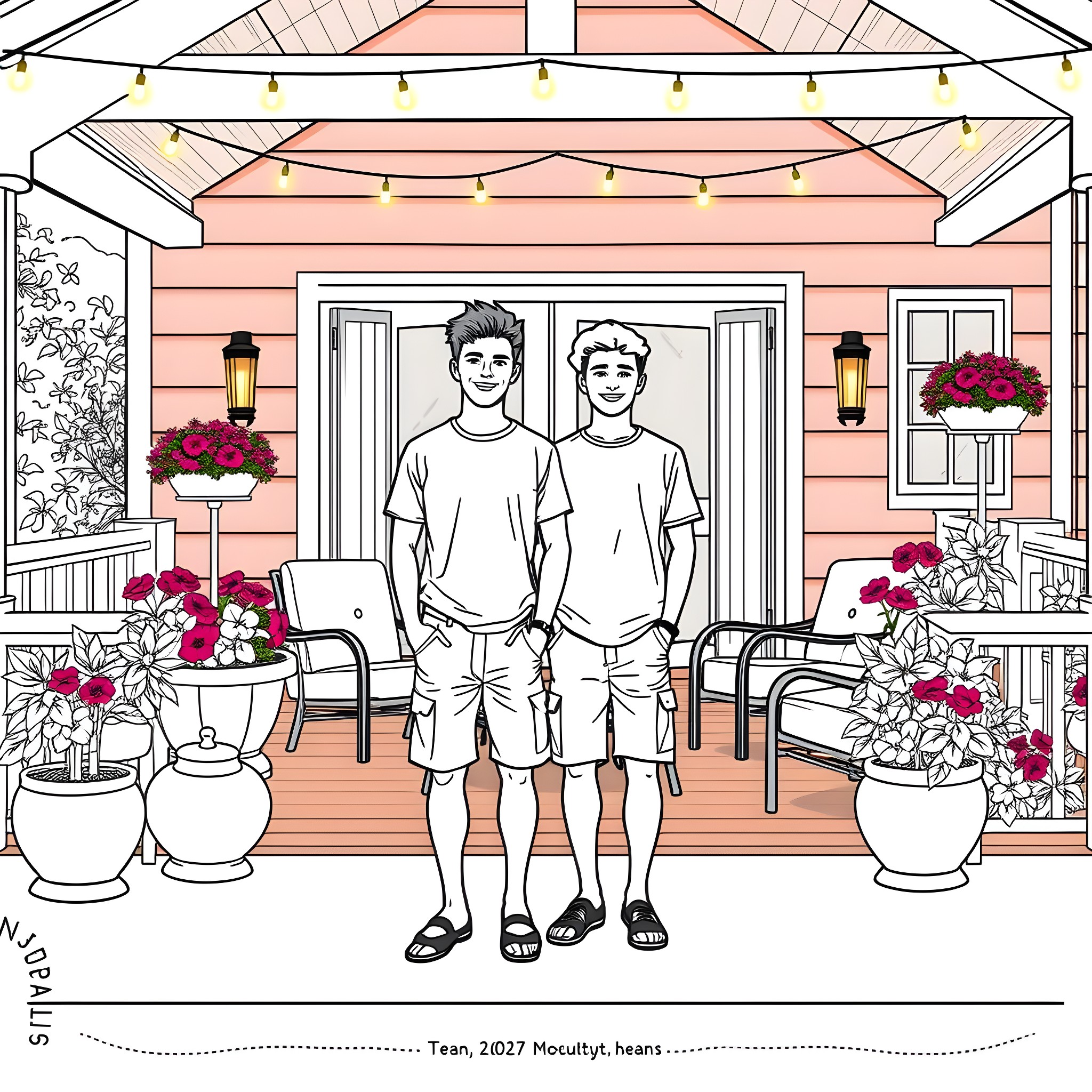 Teen Guys Enjoying Summer Evening on Porch Coloring Page (free black-and-white line drawing printable PDF for all, from beginners to advanced learners, including children, teens, adults, and seniors)