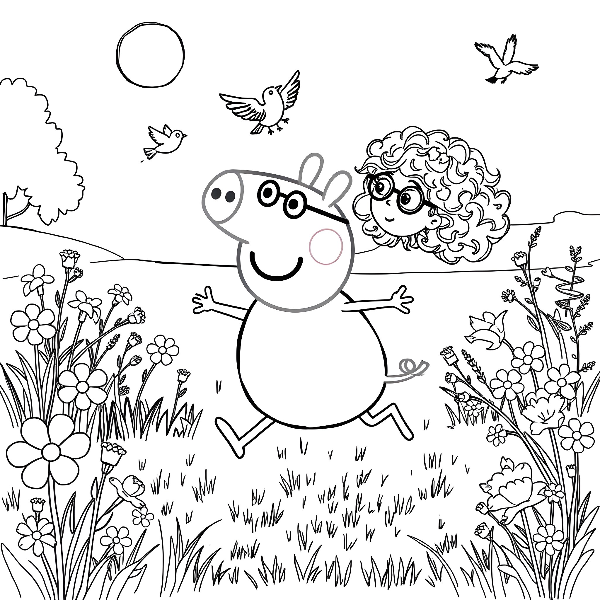 Peppa Pig jumping happily in a garden scene Coloring Page (free black-and-white line drawing printable PDF for all, from beginners to advanced learners, including children, teens, adults, and seniors)