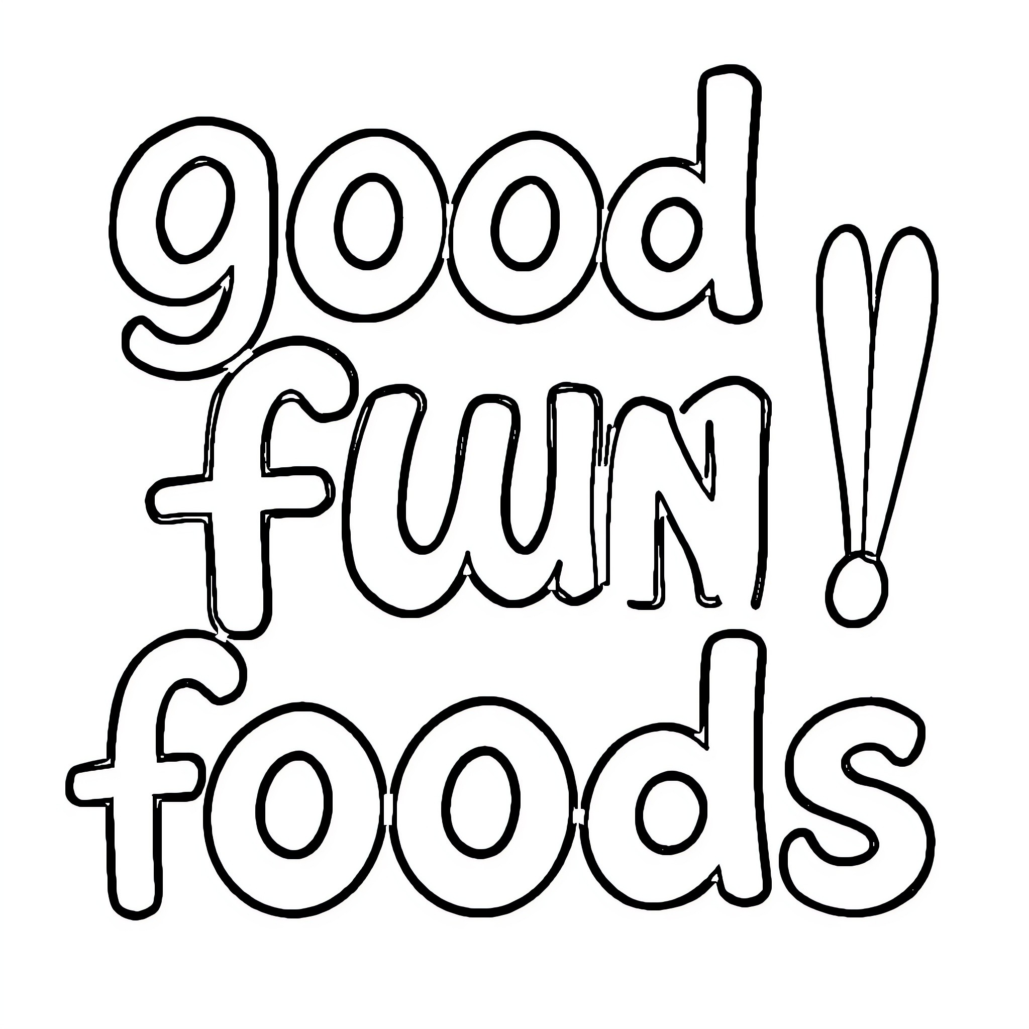 Food with Whimsical Text and Shapes Coloring Page (free black-and-white line drawing printable PDF for all, from beginners to advanced learners, including children, teens, adults, and seniors)