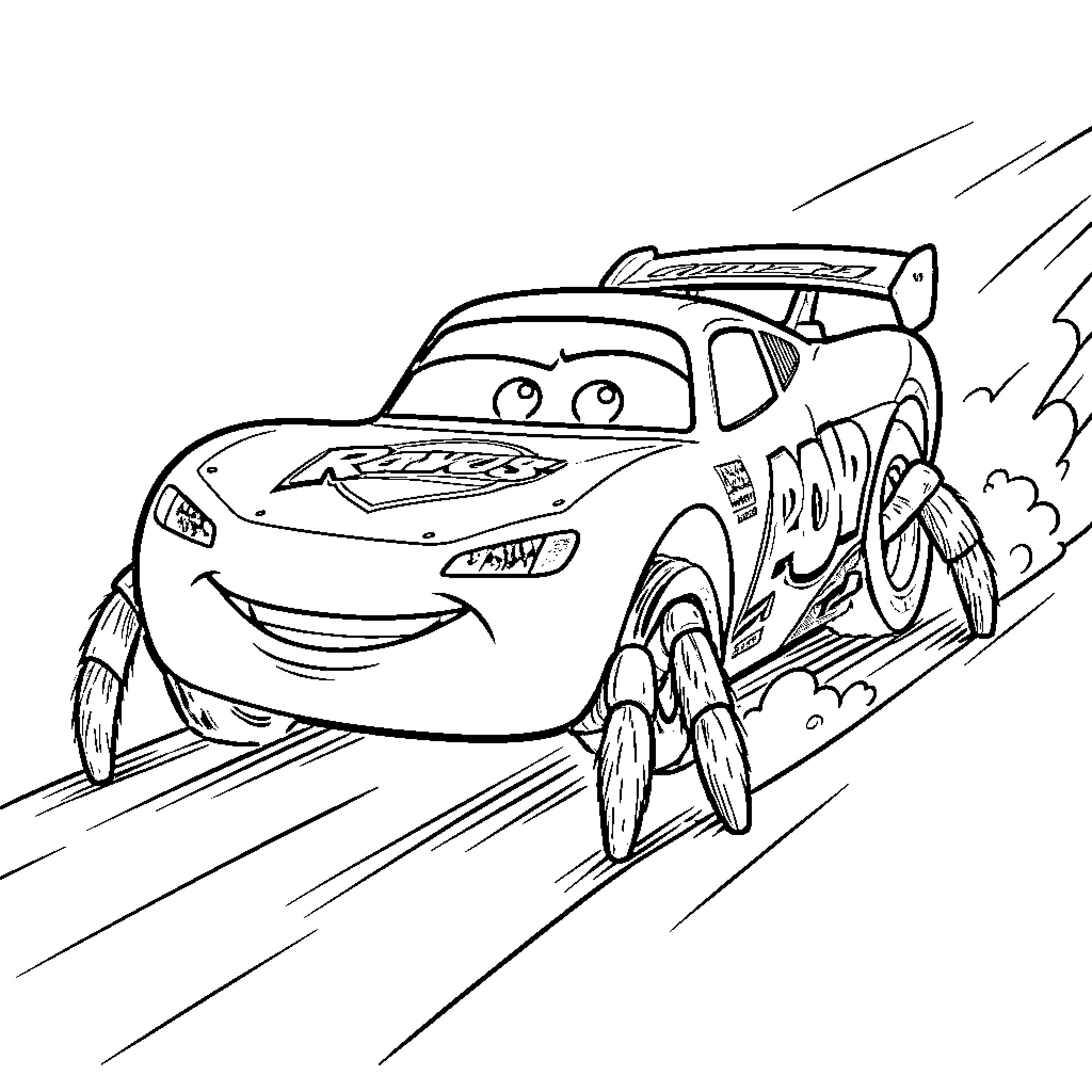 Rayo McQueen racing at full speed Coloring Page (free black-and-white line drawing printable PDF for all, from beginners to advanced learners, including children, teens, adults, and seniors)