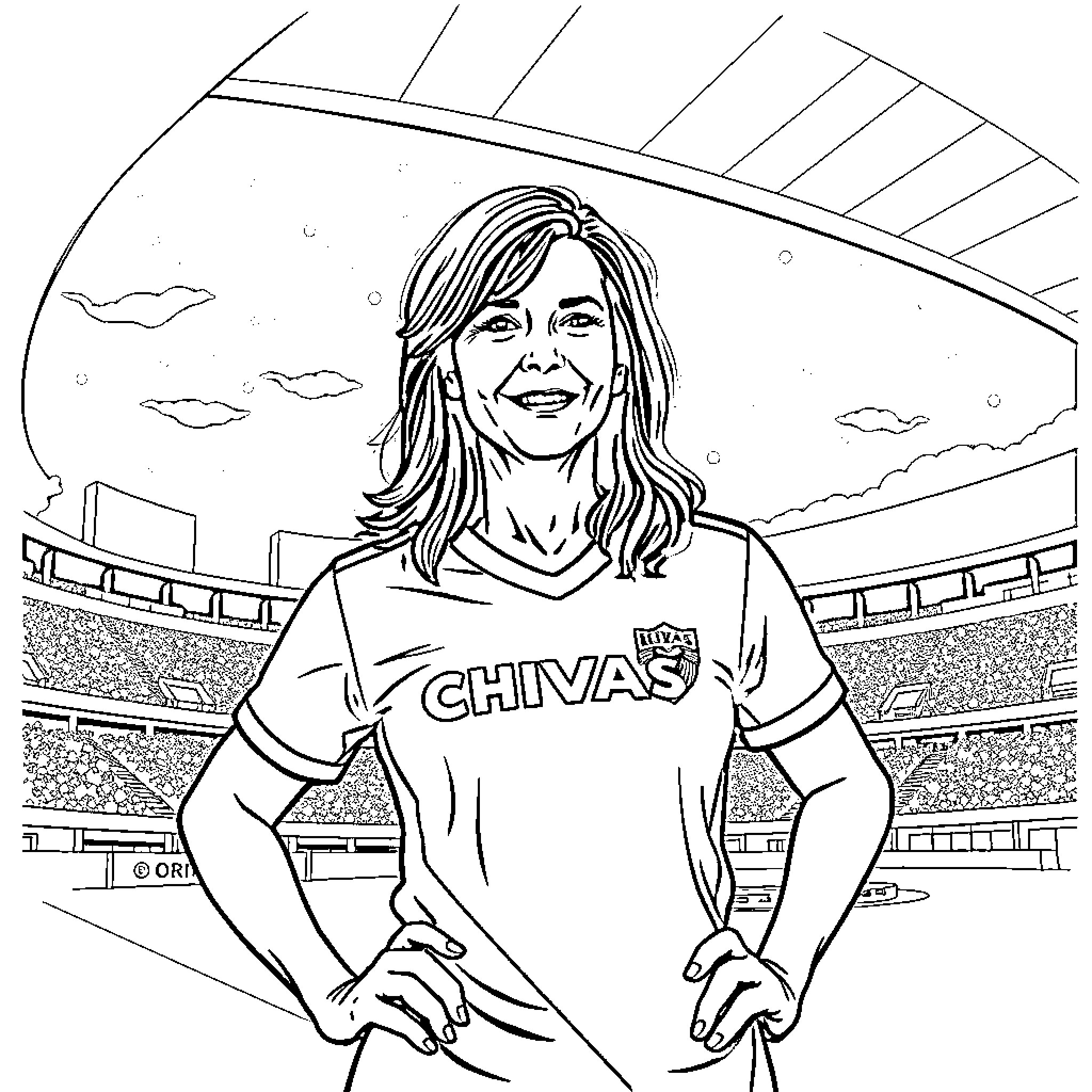 Linda Gunderson playing soccer in the stadium Coloring Page (free black-and-white line drawing printable PDF for all, from beginners to advanced learners, including children, teens, adults, and seniors)