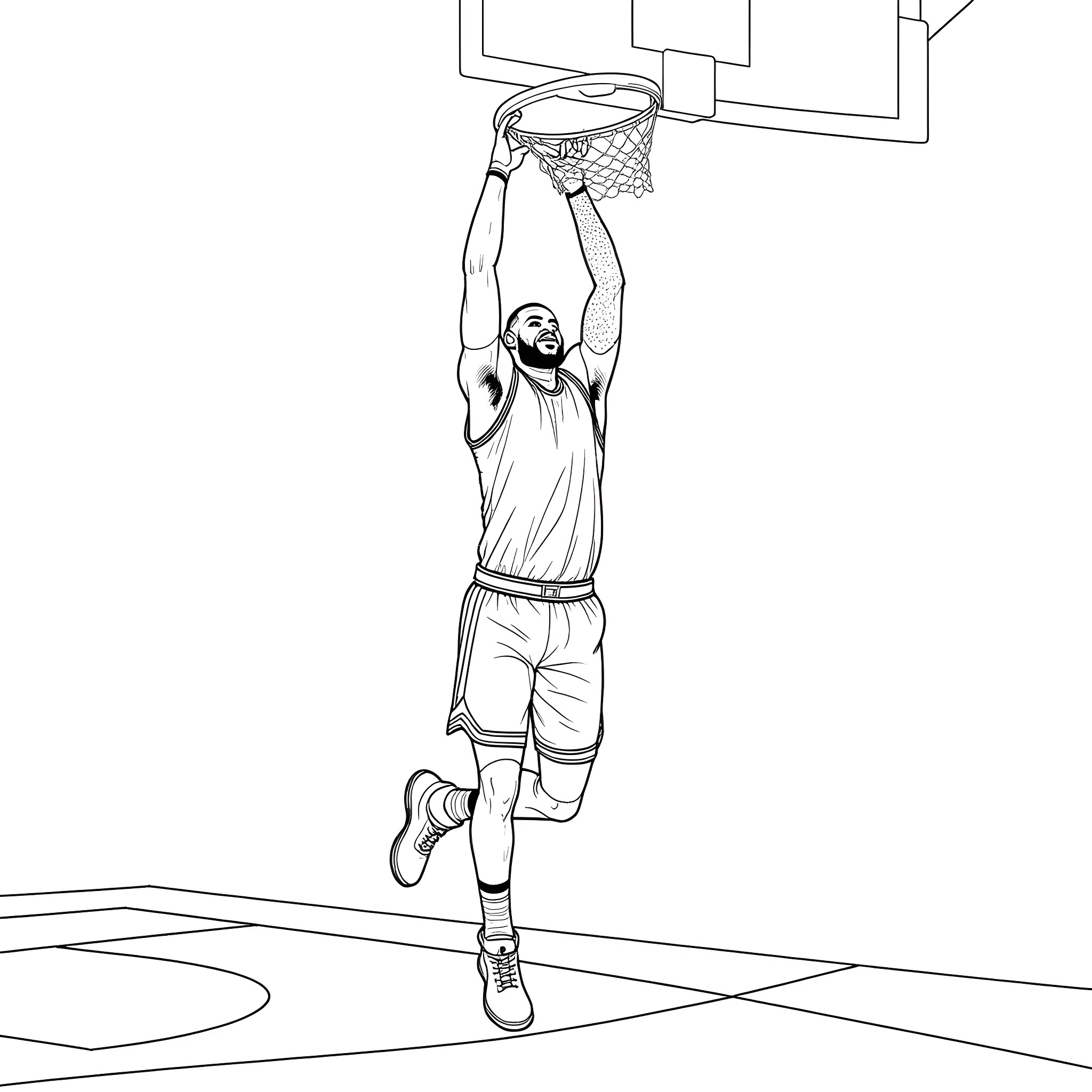 LeBron James dunking the basketball Coloring Page (free black-and-white line drawing printable PDF for all, from beginners to advanced learners, including children, teens, adults, and seniors)