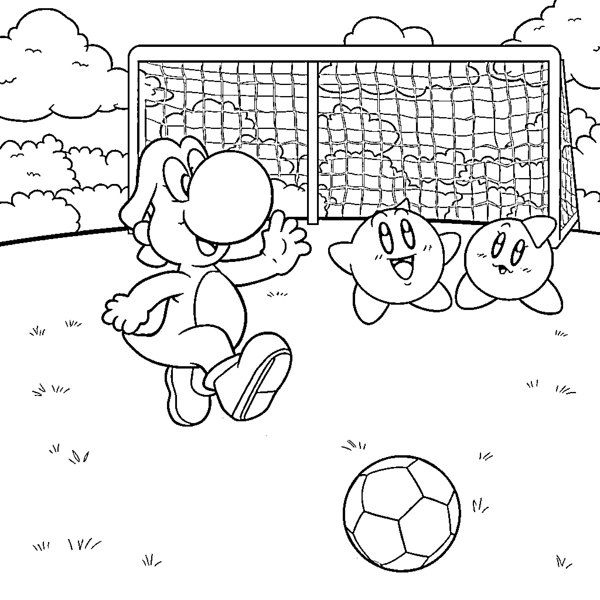 Yoshi playing soccer with friends on the field Coloring Page (free black-and-white line drawing printable PDF for all, from beginners to advanced learners, including children, teens, adults, and seniors)