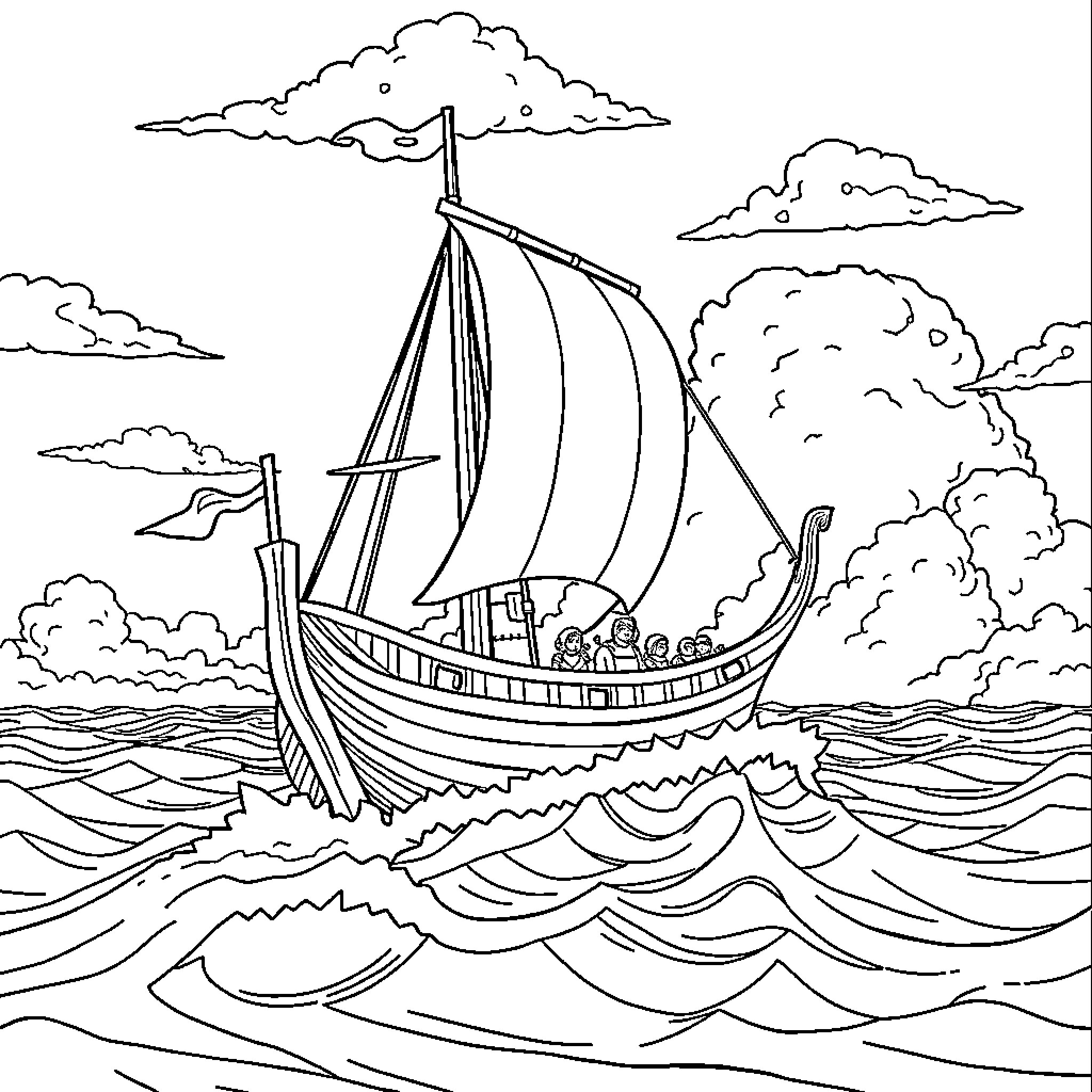 RuneScape ship sailing through stormy seas Coloring Page (free black-and-white line drawing printable PDF for all, from beginners to advanced learners, including children, teens, adults, and seniors)