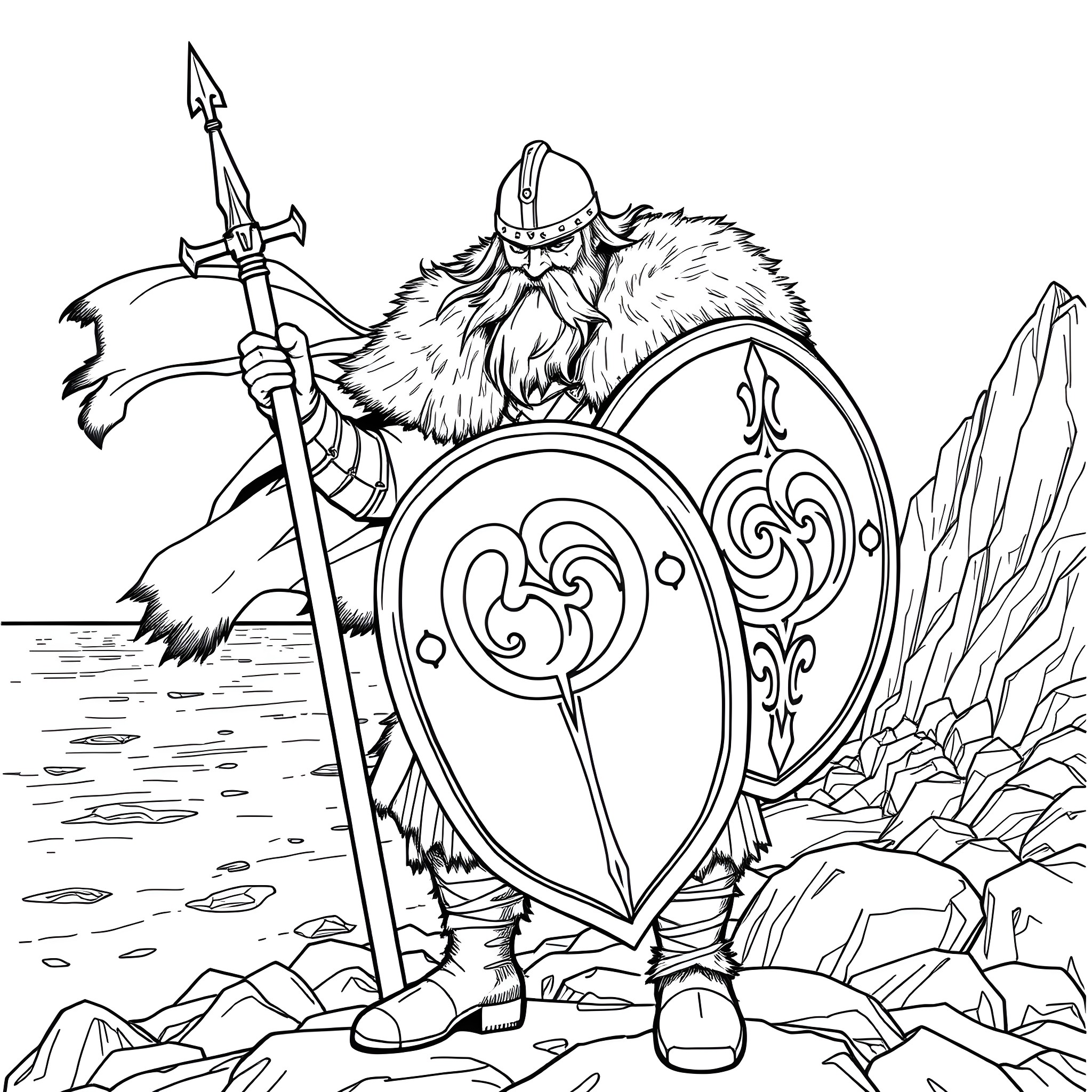 Viking warrior stands tall with shield and spear Coloring Page (free black-and-white line drawing printable PDF for all, from beginners to advanced learners, including children, teens, adults, and seniors)