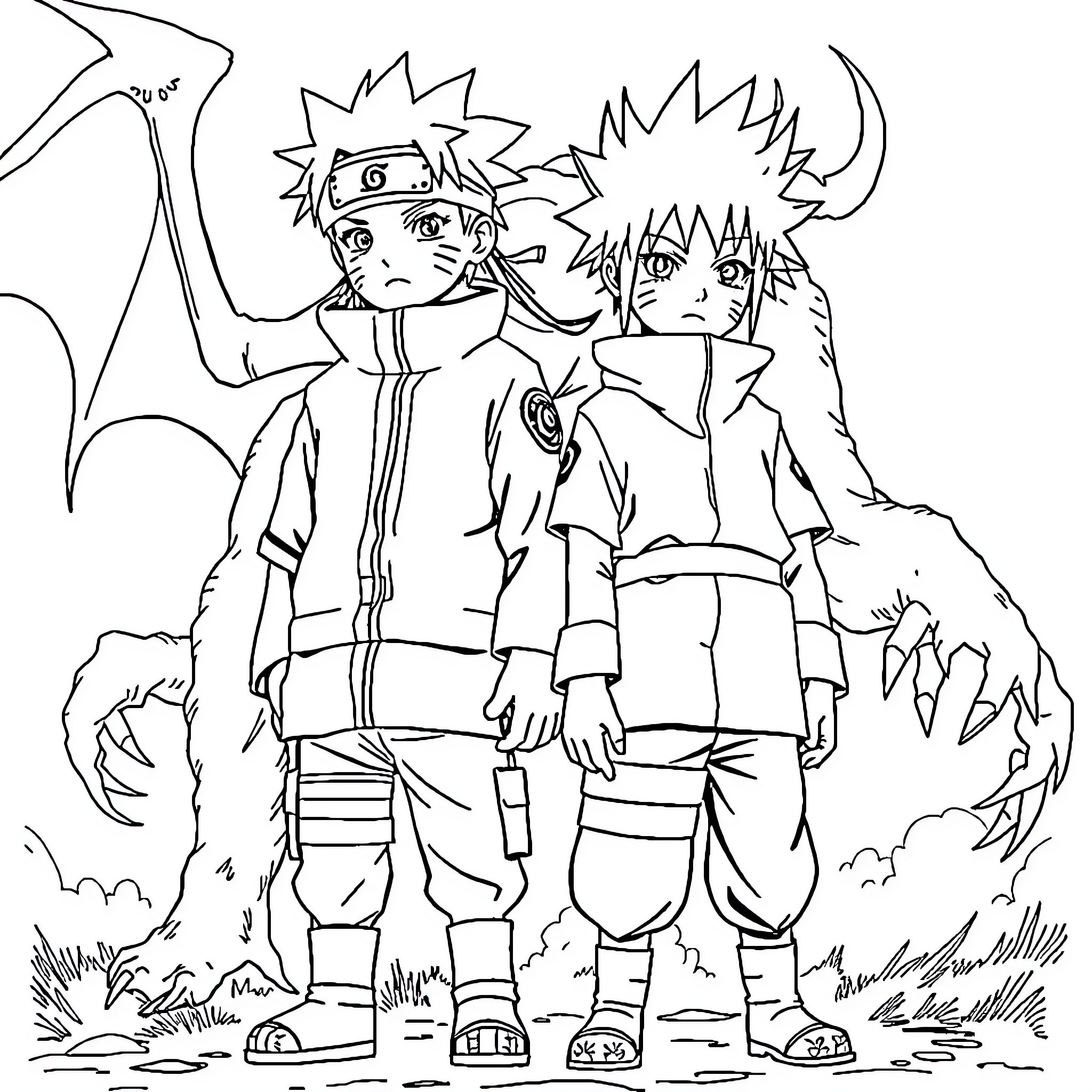 Naruto and Friends Facing Challenges with Determination Coloring Page (free black-and-white line drawing printable PDF for all, from beginners to advanced learners, including children, teens, adults, and seniors)