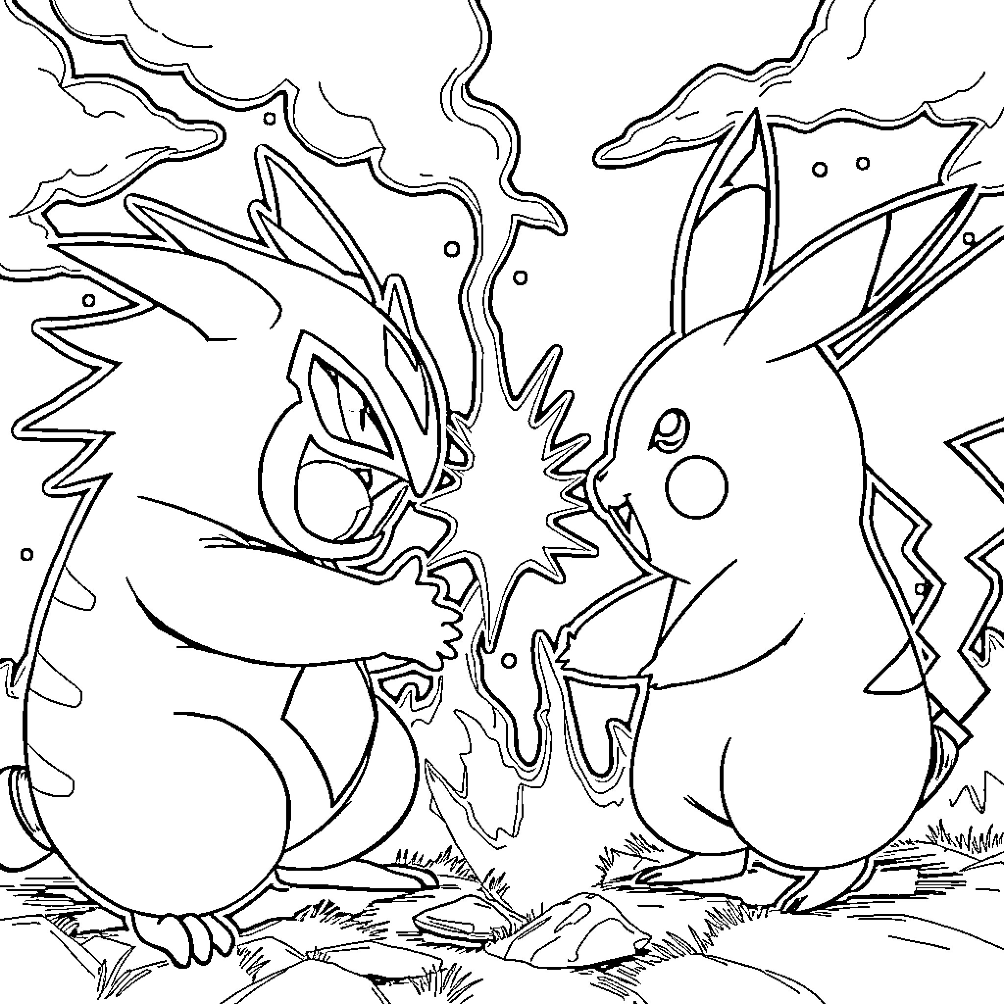Pokémon facing off intensely in a dramatic battle scene Coloring Page (free black-and-white line drawing printable PDF for all, from beginners to advanced learners, including children, teens, adults, and seniors)