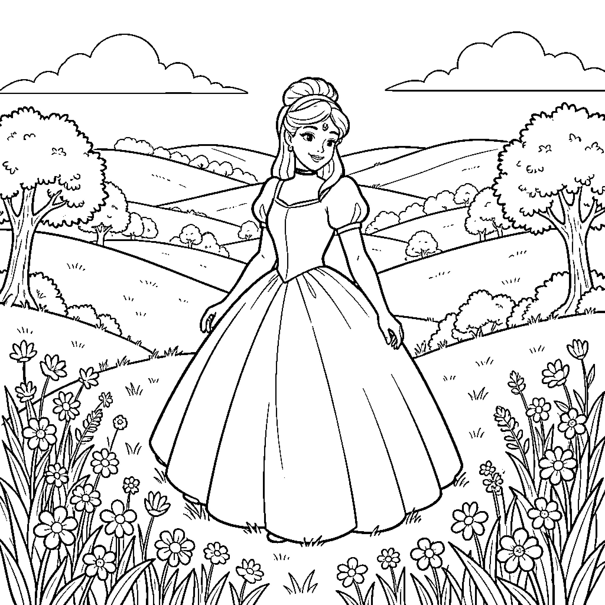 Cinderella in a Fairytale Meadow Coloring Page (free black-and-white line drawing printable PDF for all, from beginners to advanced learners, including children, teens, adults, and seniors)