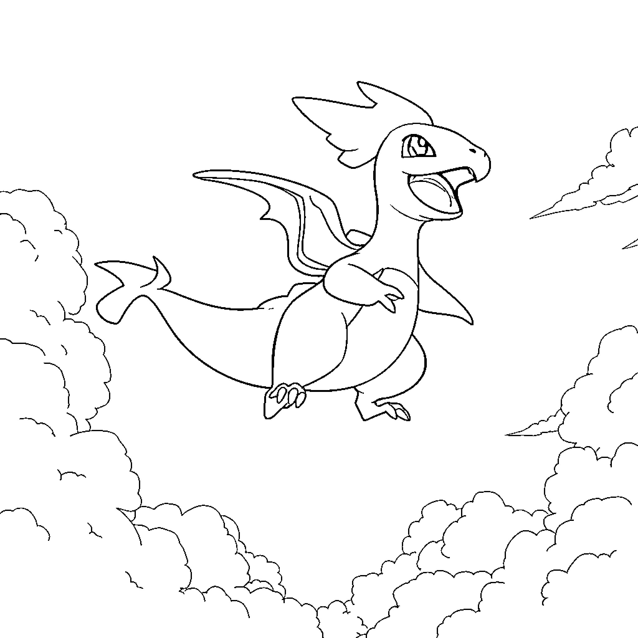 Charmander soaring through the cloudy skies Coloring Page (free black-and-white line drawing printable PDF for all, from beginners to advanced learners, including children, teens, adults, and seniors)