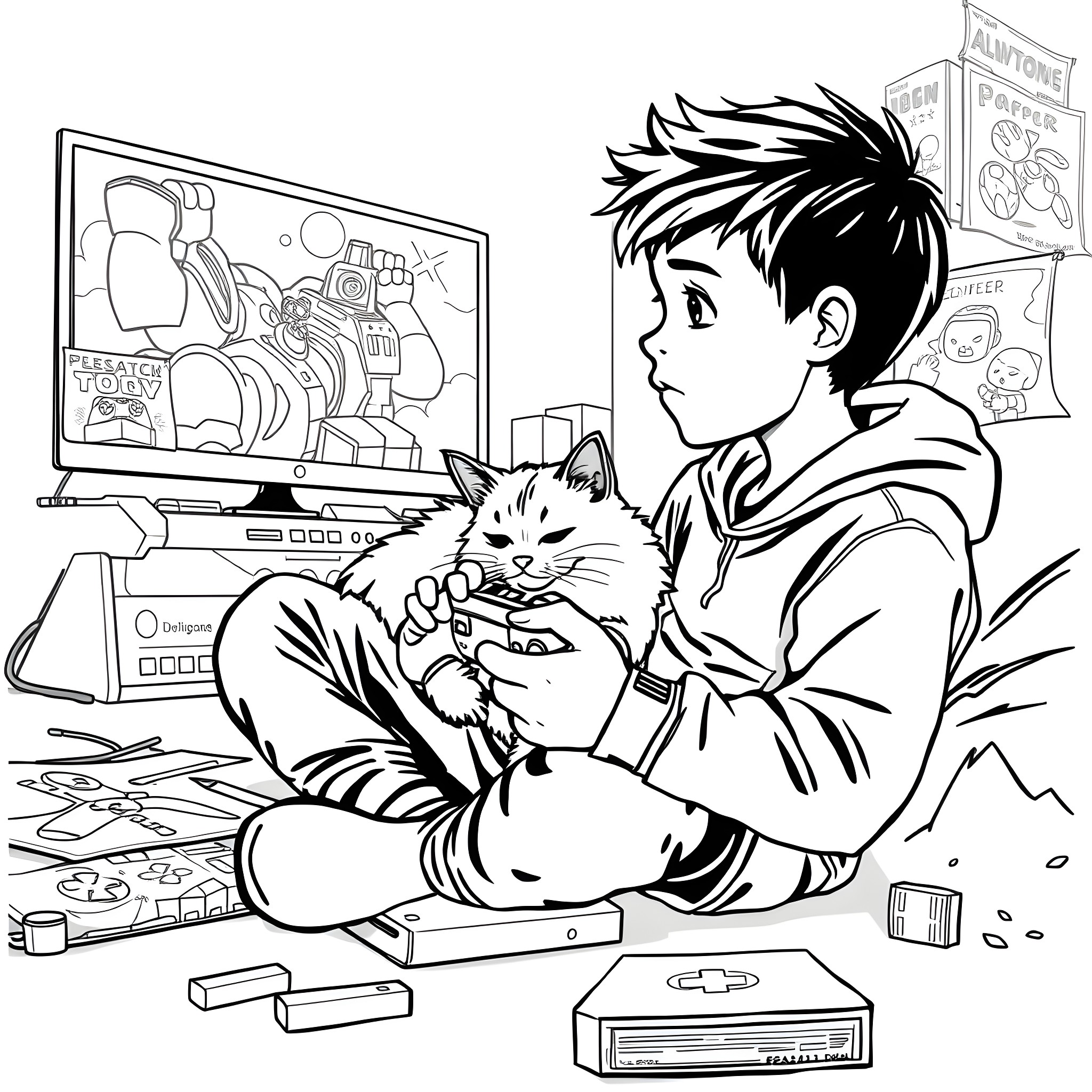 Boy playing video games with his pet cat Coloring Page (free black-and-white line drawing printable PDF for all, from beginners to advanced learners, including children, teens, adults, and seniors)