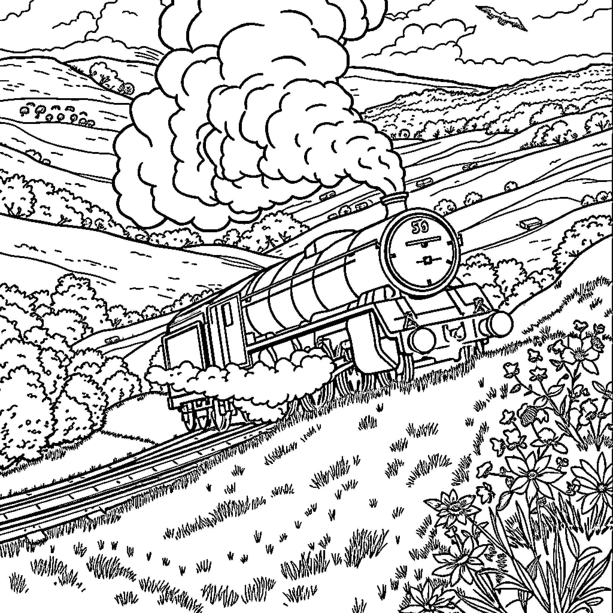 Flying Scotsman locomotive speeding through countryside Coloring Page (free black-and-white line drawing printable PDF for all, from beginners to advanced learners, including children, teens, adults, and seniors)